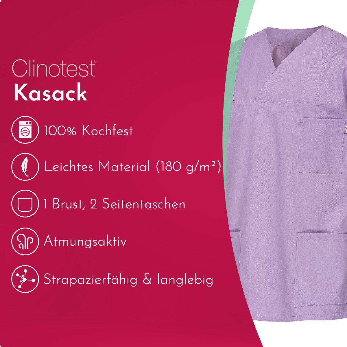 Clinotest Funktionsbluse Kasack Damen & Herren - 95 Grad waschbare, kochfest ohne einzulaufen (1-tlg) Schlupfkasack aus Baumwolle & Polyester - Berufsbekleidung – Bild 2 von 5