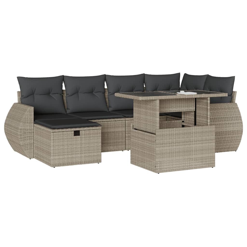 vidaXL Gartenlounge-Set 7-tlg. Garten-Sofagarnitur mit Kissen Hellgrau Poly Rattan, (1-tlg)