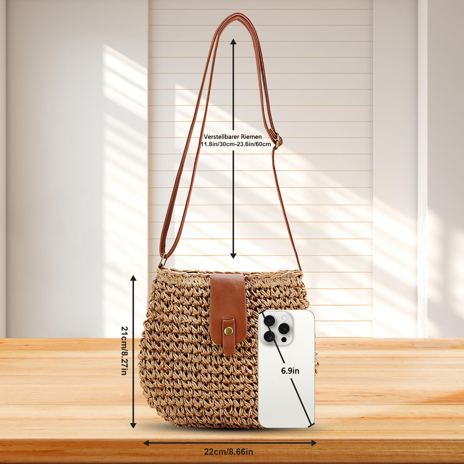 Bwecuy Umhängetasche Damen Strohtasche Boho Sommer Strandtasche mit Reißverschluss, Kleine Crossbody Schultertasche handgeflochten für Urlaub, Beach – Bild 5 von 5