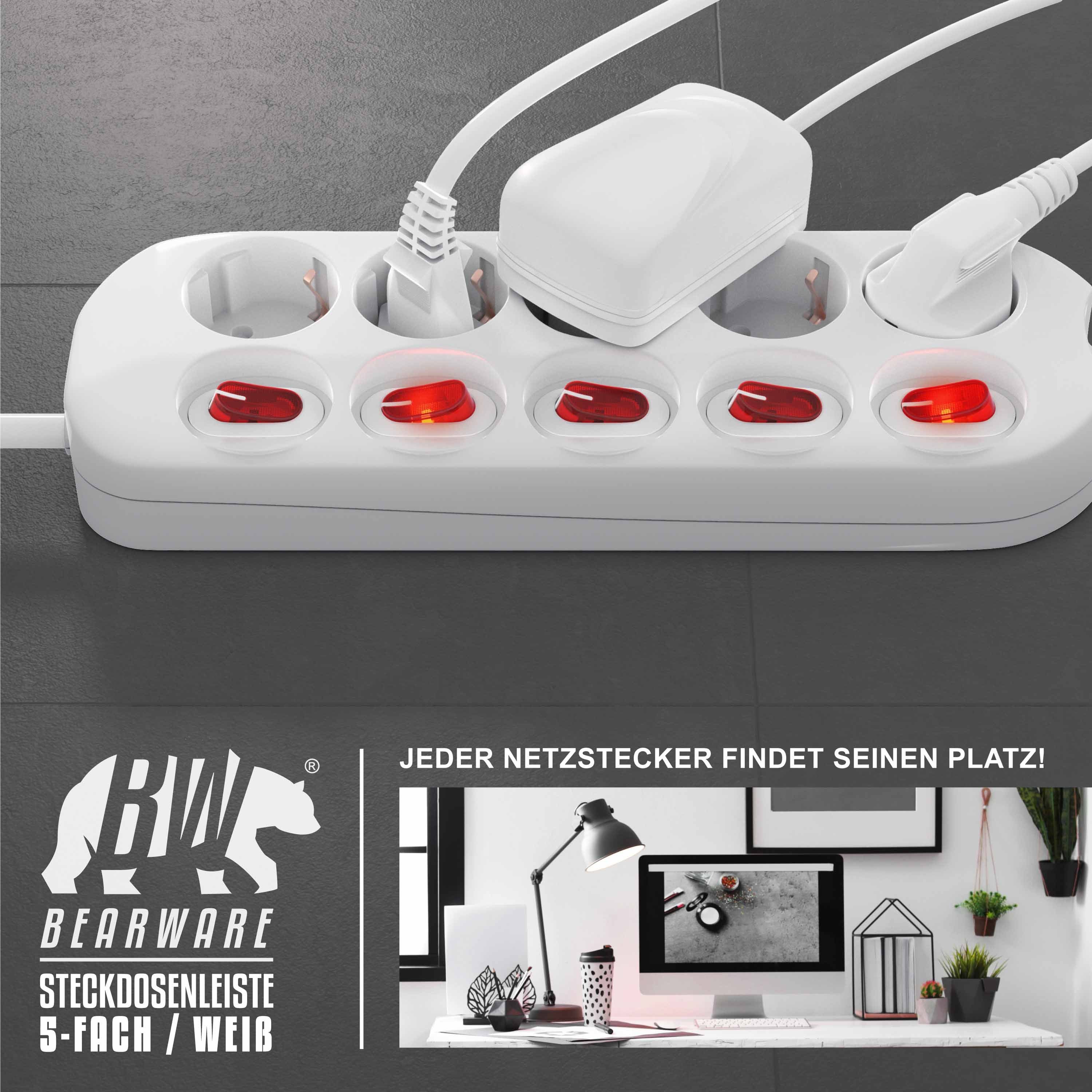 BEARWARE 5 Fach Mehrfachsteckdose mit EIN AUS Schalter, Netzkabel 1,5 m, IP20 Steckdosenleiste 5-fach (Ein- / Ausschalter, Schalterbeleuchtung, Schutzkontaktste – Bild 5 von 5