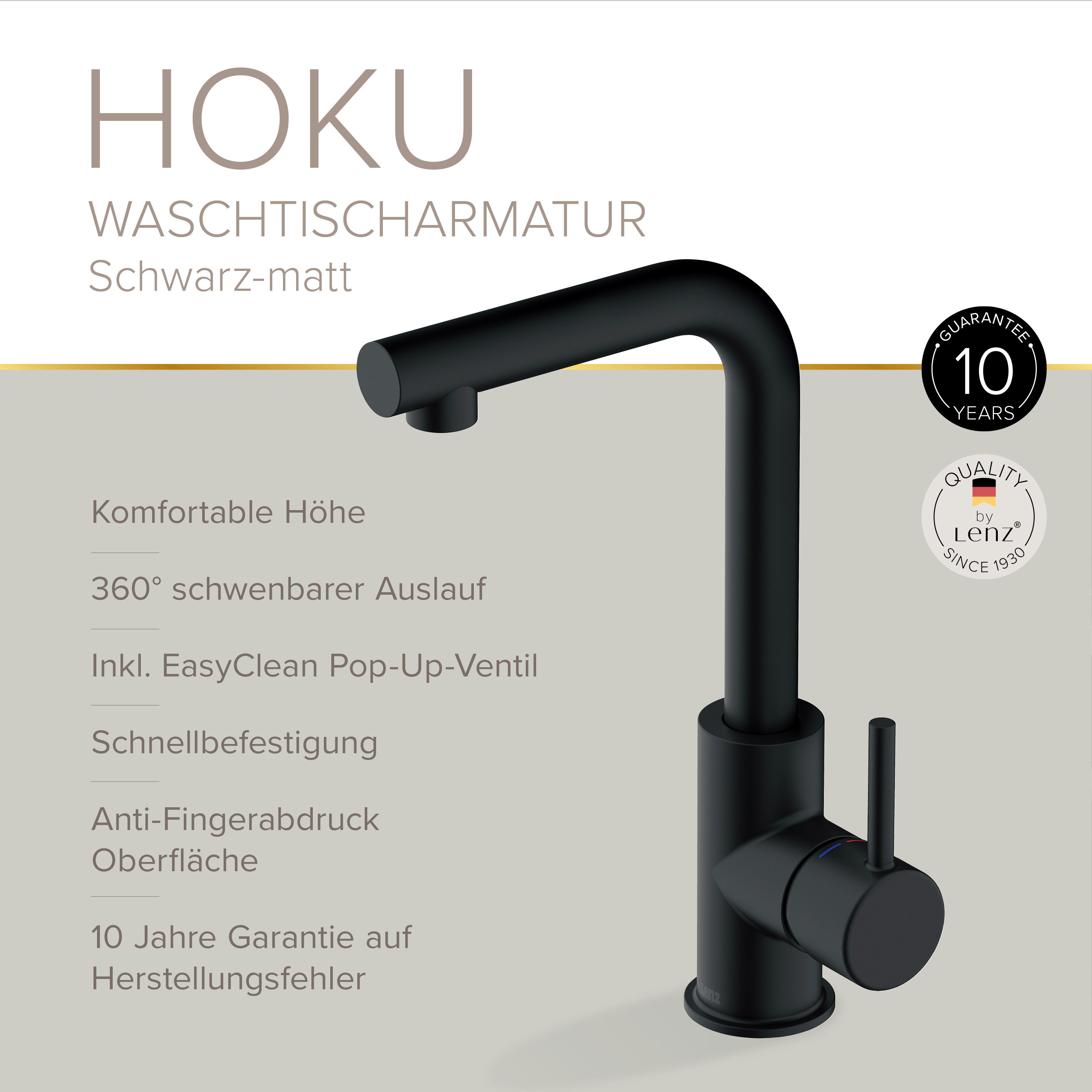 Lenz Waschtischarmatur HOKU (Armatur + Easy Clean Pop-Up Ventil) Anti-Fingerabdruck-Beschichtung