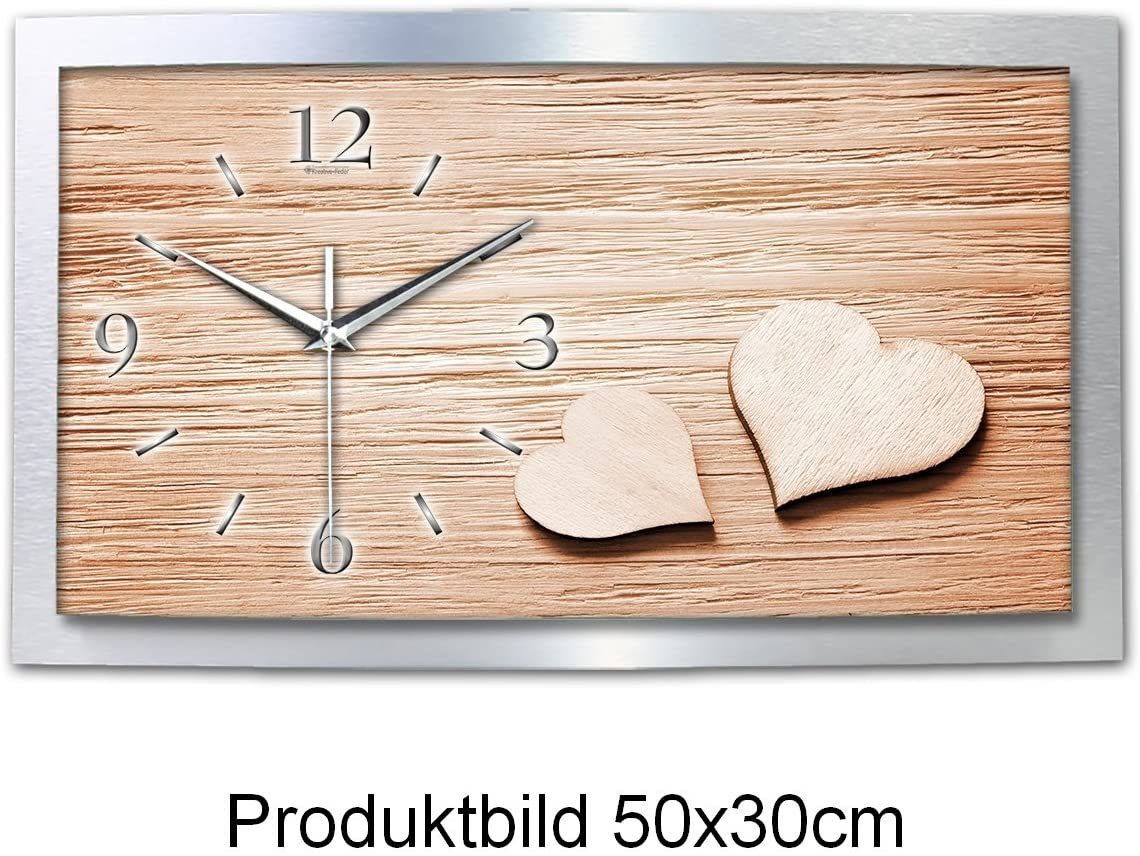 Kreative Feder Wanduhr 3D Designer-Wanduhr „Holz-Herz“ aus gebürstetem Aluminium (3D-Wölbung; einzigartiges Zwei-Platten-Design; flüsterleises Uhrwerk)