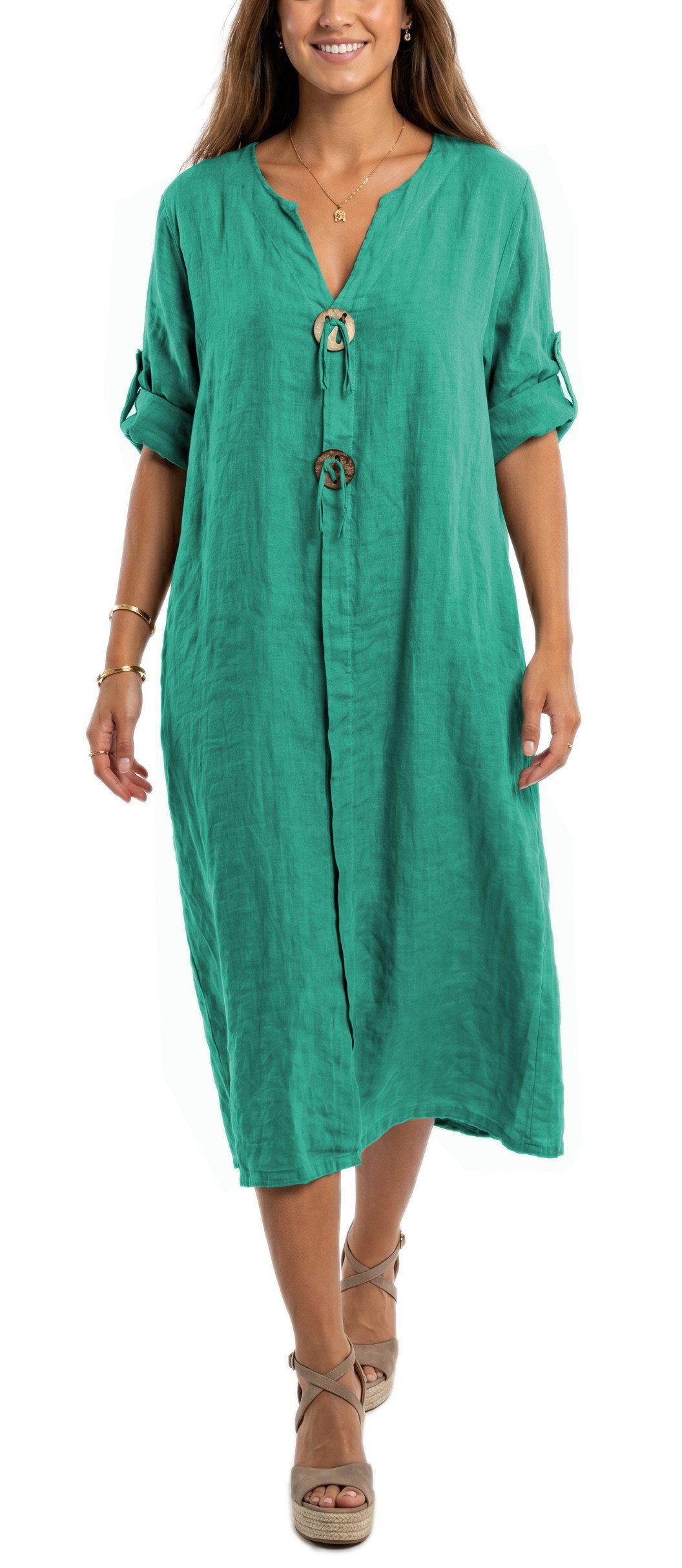 dy_mode Hemdblusenkleid Damen Leinenkleid Midi Hemdblusenkleid mit V-Ausschnitt Freizeitkleid in Unifarbe, V-Ausschnitt, mit seitlichen Eingriffstaschen