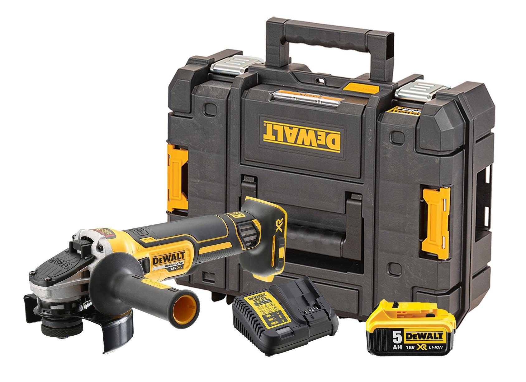 DeWalt Akku-Winkelschleifer Set DCG405NT-XJ Akku-Winkelschleifer (bürstenlos) 1000 max. 9000 U/min, (3 tlg., DCG405NT-XJ + DCB115 + DCB184)