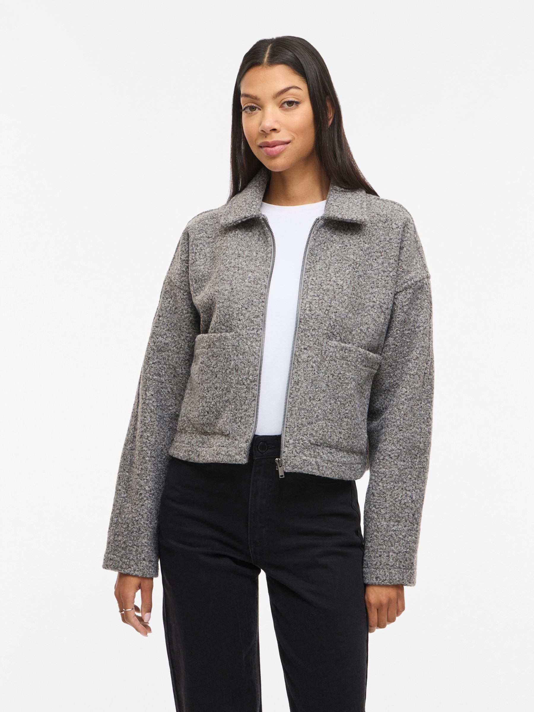 Vila Blouson Fronttaschen Langarm Gerader Saum für Damen (1-St) Recyceltes Material, Nachhaltig, Meliert, Aufgesetzte Taschen
