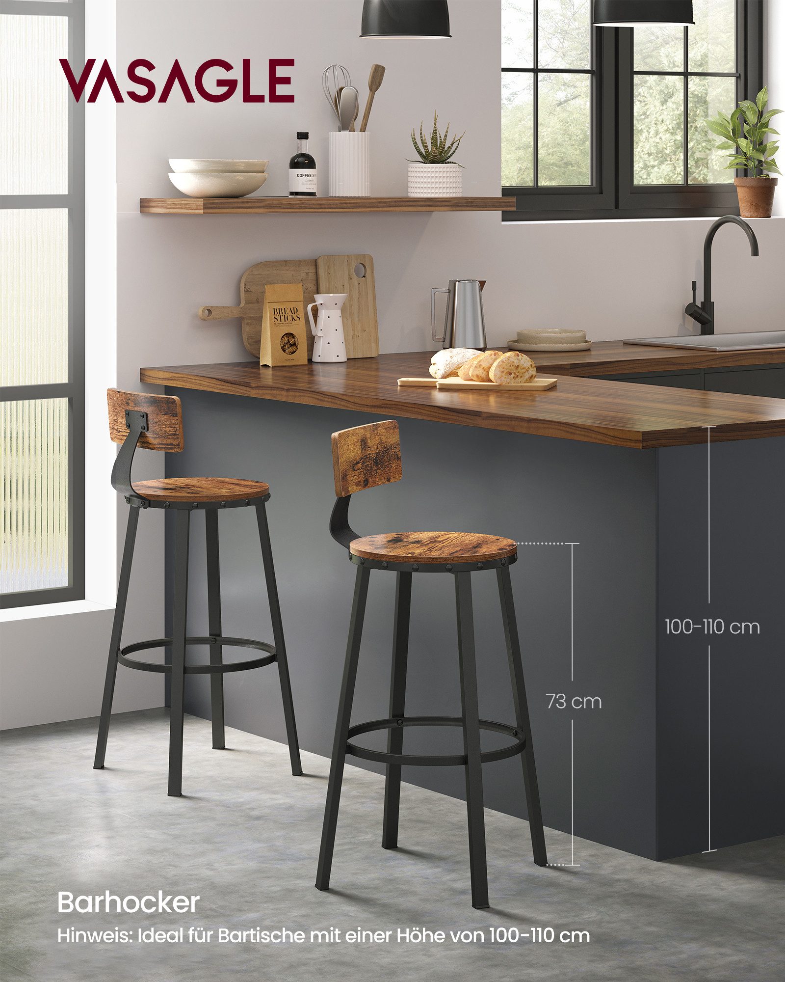 VASAGLE Barhocker Barstühle (Set, 4 St), Barhocker, 2er Set, Barstuhl, Küch günstig online kaufen