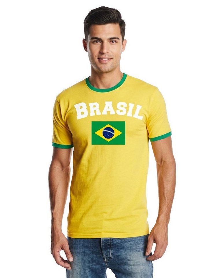 coole-fun-t-shirts Print-Shirt Brasilien T-Shirt Herren Ringer-Shirt Gelb-Grün Fan-Shirt Fussball Brasilien Fan T-Shirt Gelb Grün