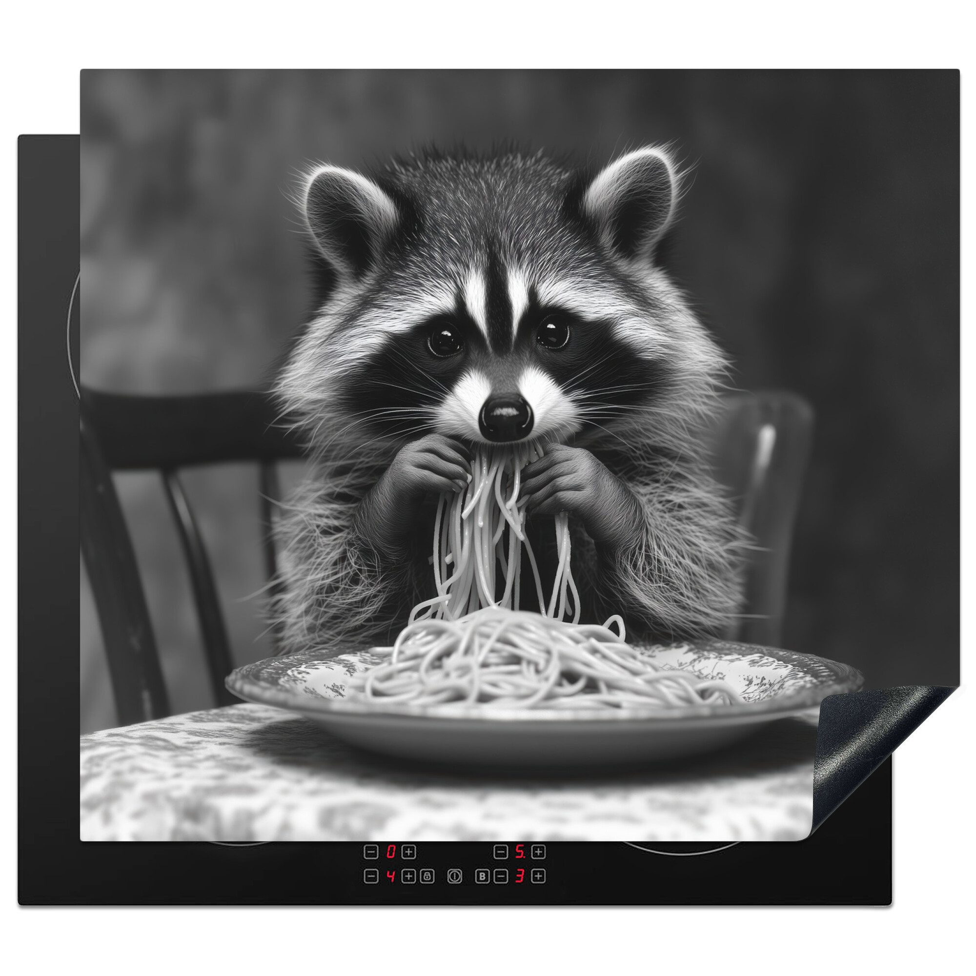 MuchoWow Herd-Abdeckplatte Waschbär - Niedlich - Pasta - Tischtuch - Schwarz - Weiß, Vinyl, (1 tlg), Ceranfeldabdeckung Küche, Herdabdeckplatte Einteilig, 59x51 cm