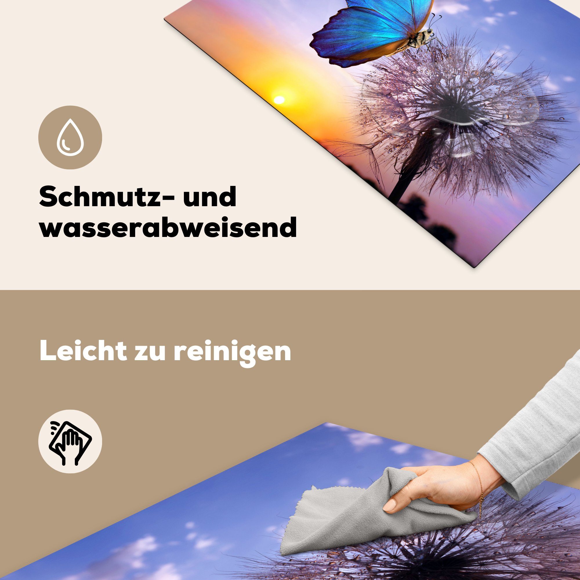 Sonnenuntergang Löwenzahn Herdblende-/Abdeckplatte Vinyl, Schutz - tlg), MuchoWow Schmetterling (1 81x52 Ceranfeldabdeckung für - - Induktionskochfeld Blau, küche, die cm,