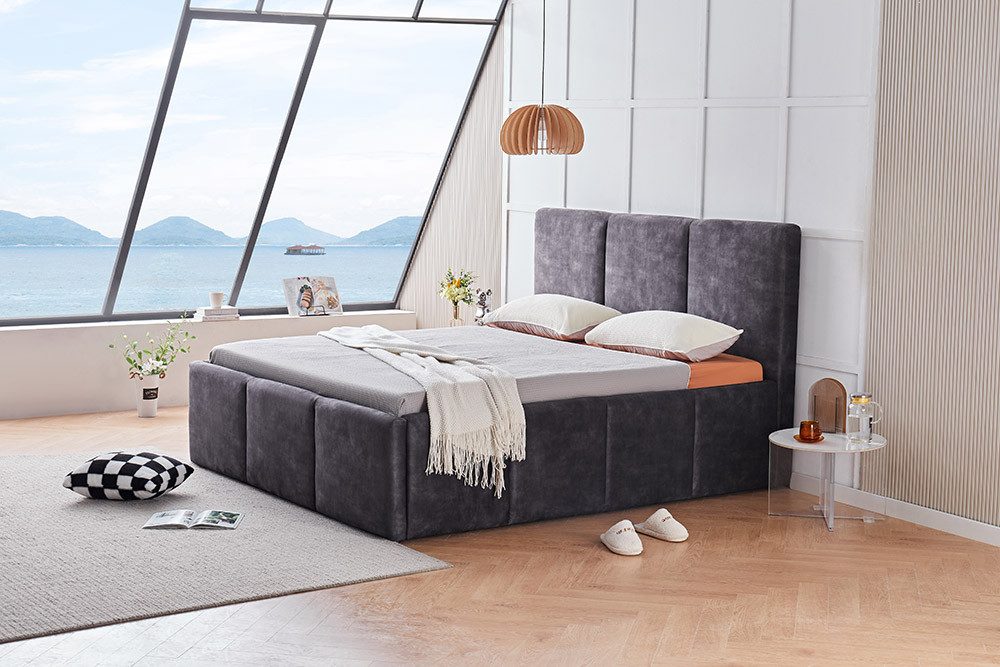 riess-ambiente Boxbett ATELIER 180x200cm grau - Samt, mit Lattenrost und Bettkasten, Stauraum (Einzelartikel, 1-St), Doppelbett mit gepolsterten Kopfteil - ideal für Gäste- & Schlafzimmer