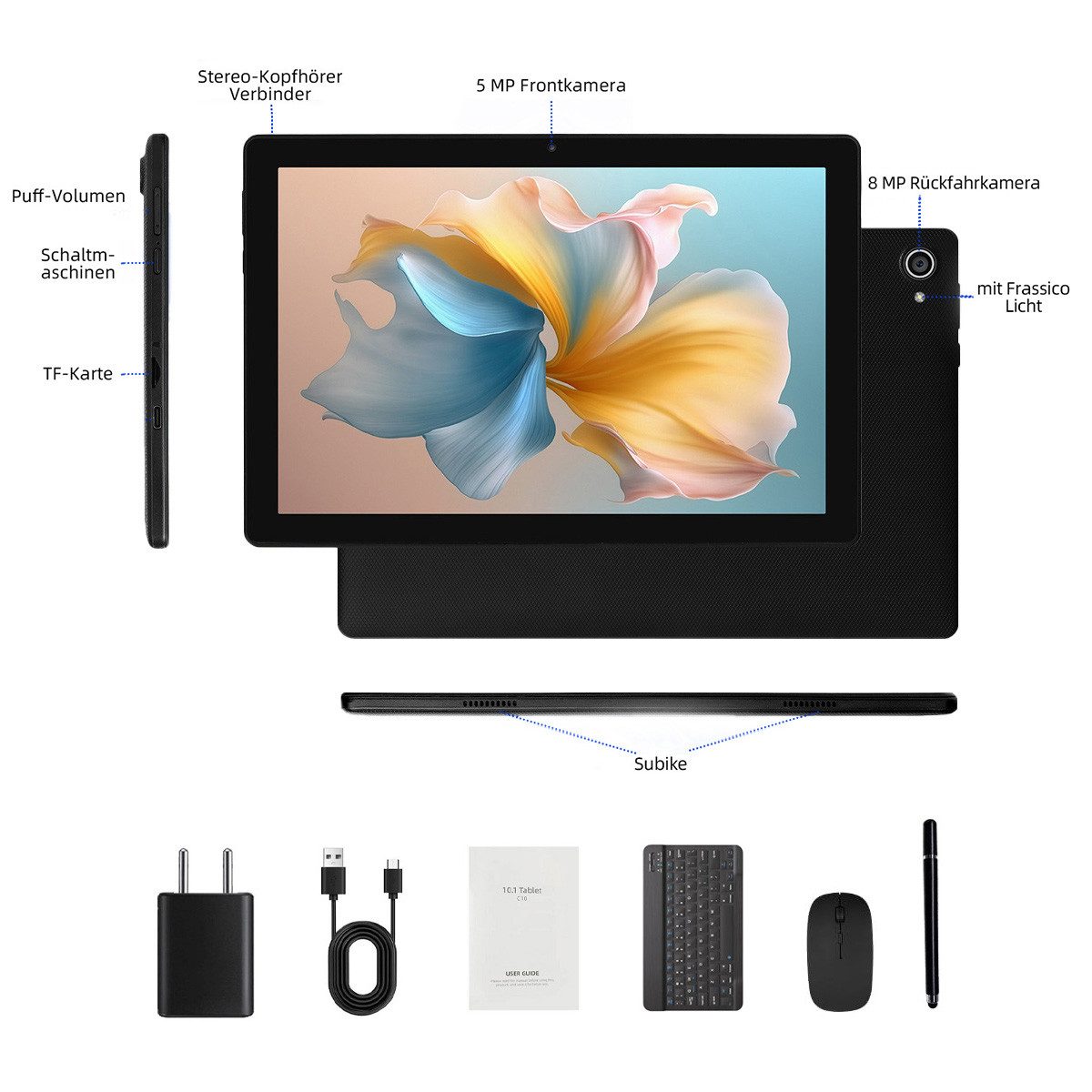 BUFO 10 Zoll HD, 3 GB RAM, 64 GB Erweiterbar auf 1 TB, Android Tablet (10", 64 GB, Android 14, 2,4G/5G WiFi, Dual-Kamera, HD 1280x800, mit Tastatur, Maus und Stift)