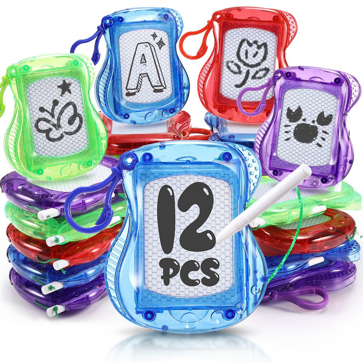 Wootoy Zaubertafel 12er Set Magnet Maltafel Schlüsselanhänger Schreibtafel Lernspielzeug, (10 × 8,3 cm Mini-Malboard-Set, 12-tlg., Mitgebsel Gastgeschenk Gewinnspielpreis Füllung für Geschenktüten), Wiederverwendbare Magnettafeln mit Schiebelöscher
