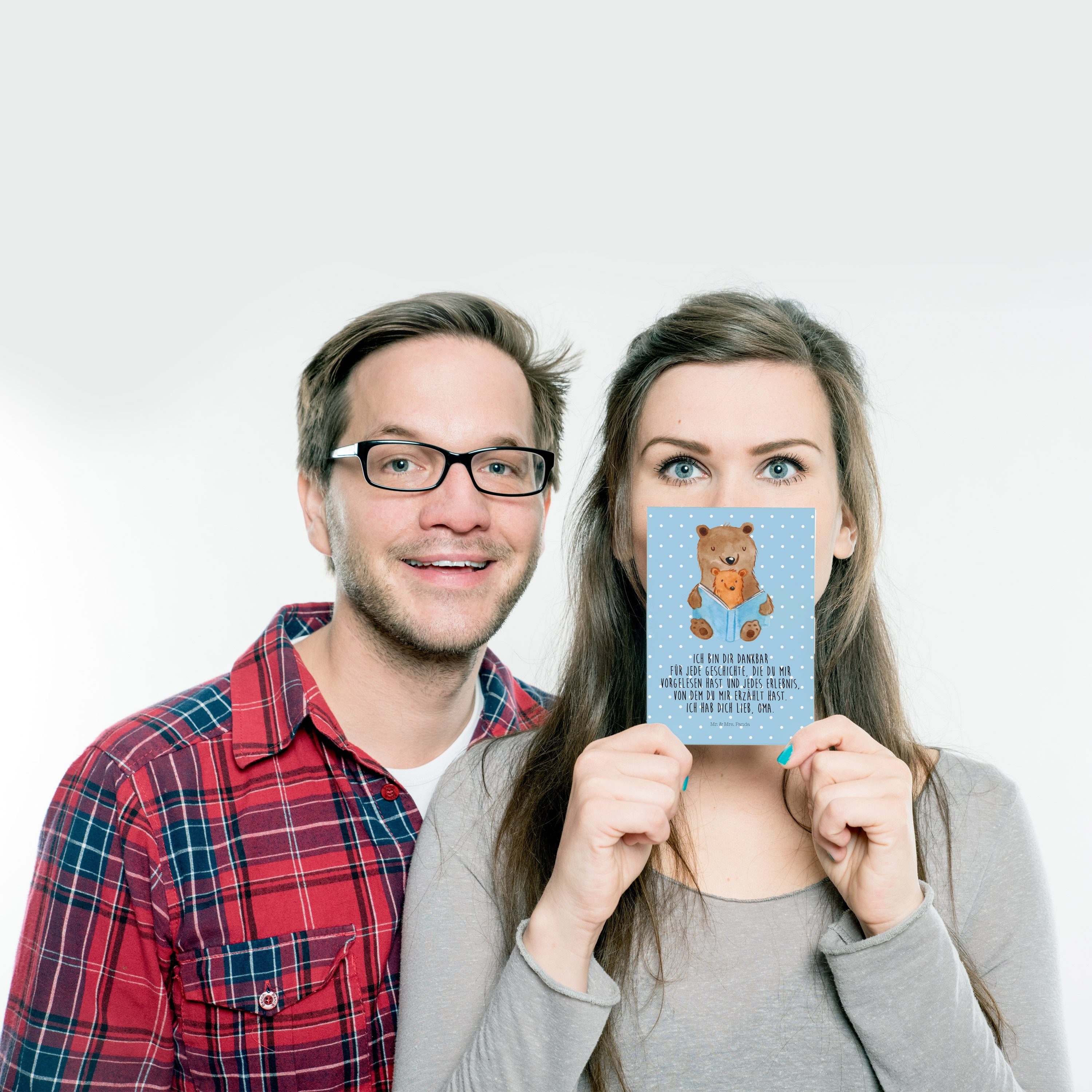 Mr. & Mrs. Buch Blau Panda - Postkarte - Geschichtenerzähler, Geschenk, Omi Karte, Bären Pastell