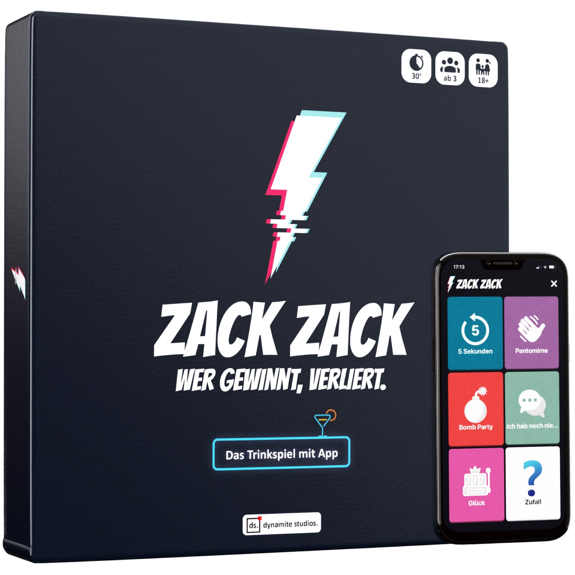 DYNAMITE GAMES Spiel Zack Zack – Wer gewinnt, verliert! Brettspiel, Party- und Trinkspiel mit App, 43 Spielfelder, 5 digitale Minispiele von DYNAMITE GAMES