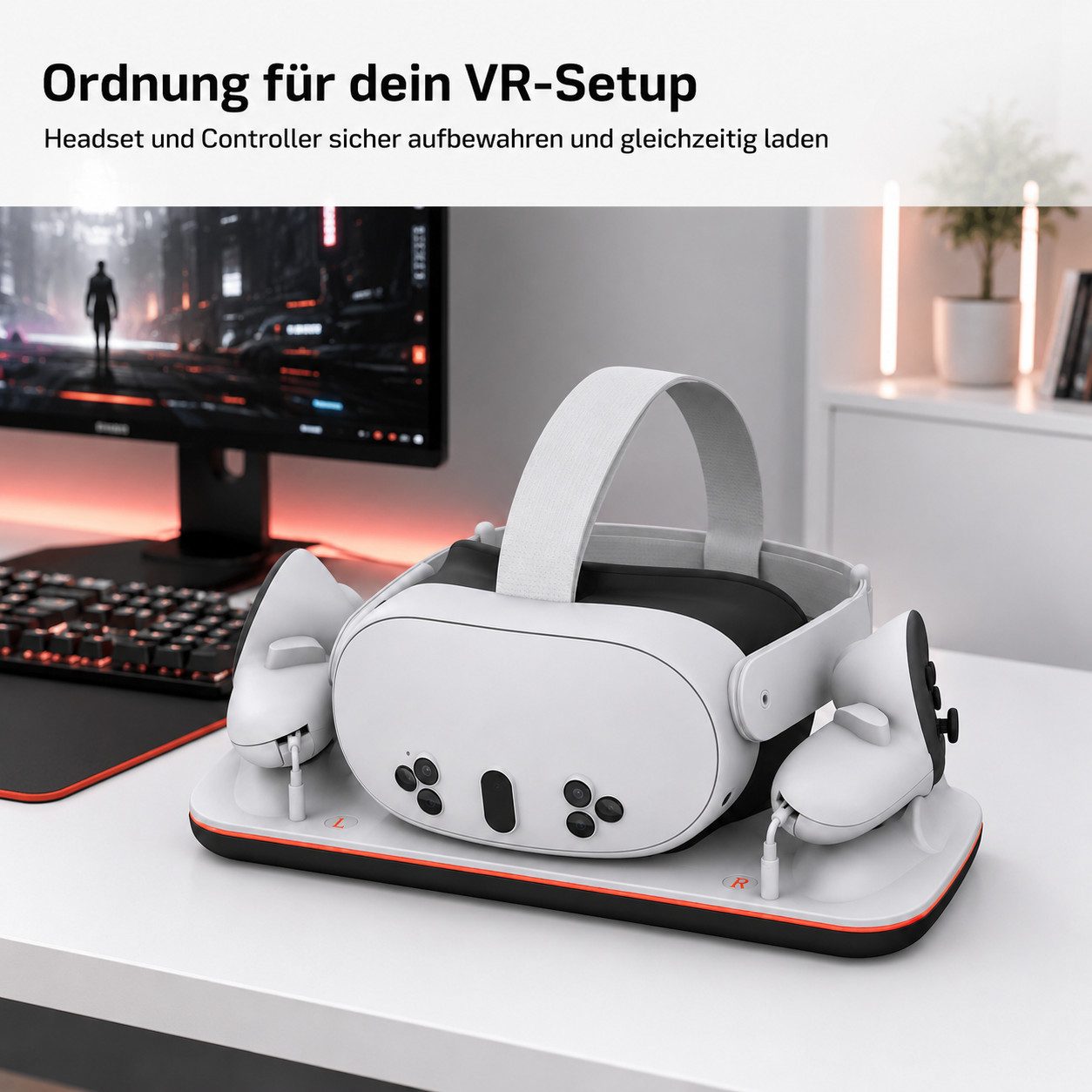 Tekoo VR Brillen-Halterung VR-Ladestation für Headset und Controller mit LED-Statusanzeige, (3-in-1 Design, Schnellladefunktion, LED-Statusanzeige, inkl. 2 Akkus)