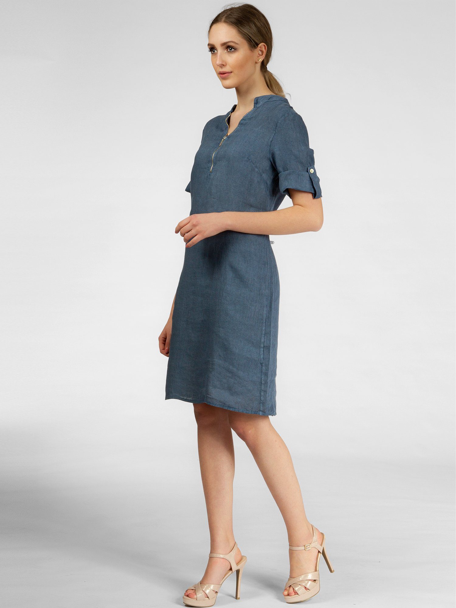 Caspar Sommerkleid SKL037 knielanges Damen Leinenkleid mit Reißverschluss Ausschnitt Luftig leicht, figurumspielende Form, mit seitlichem Jersey-Einsatz