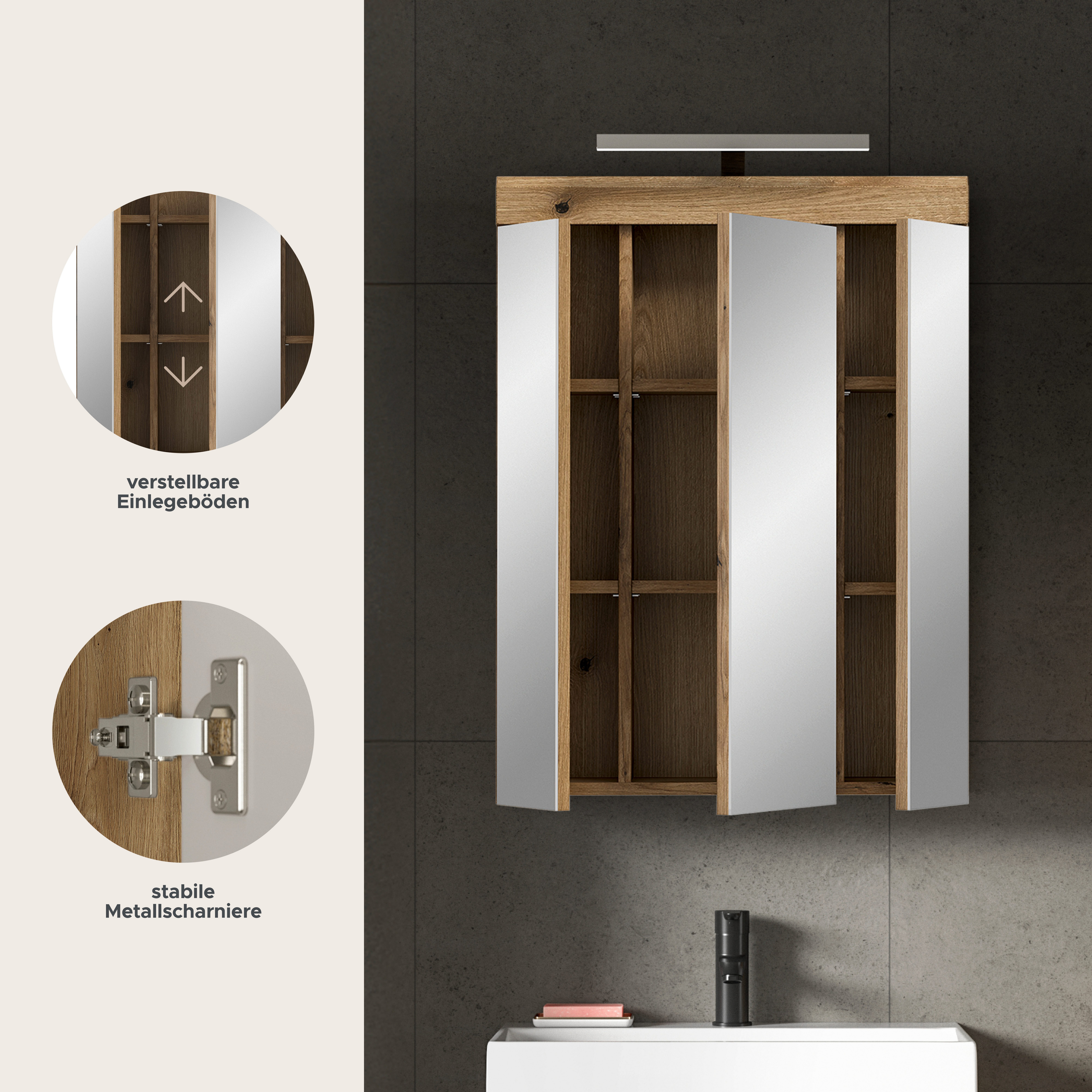 furnling Badezimmerspiegelschrank Scott mit Beleuchtung, Badschrank, Spiegelschrank, Breite 60 cm