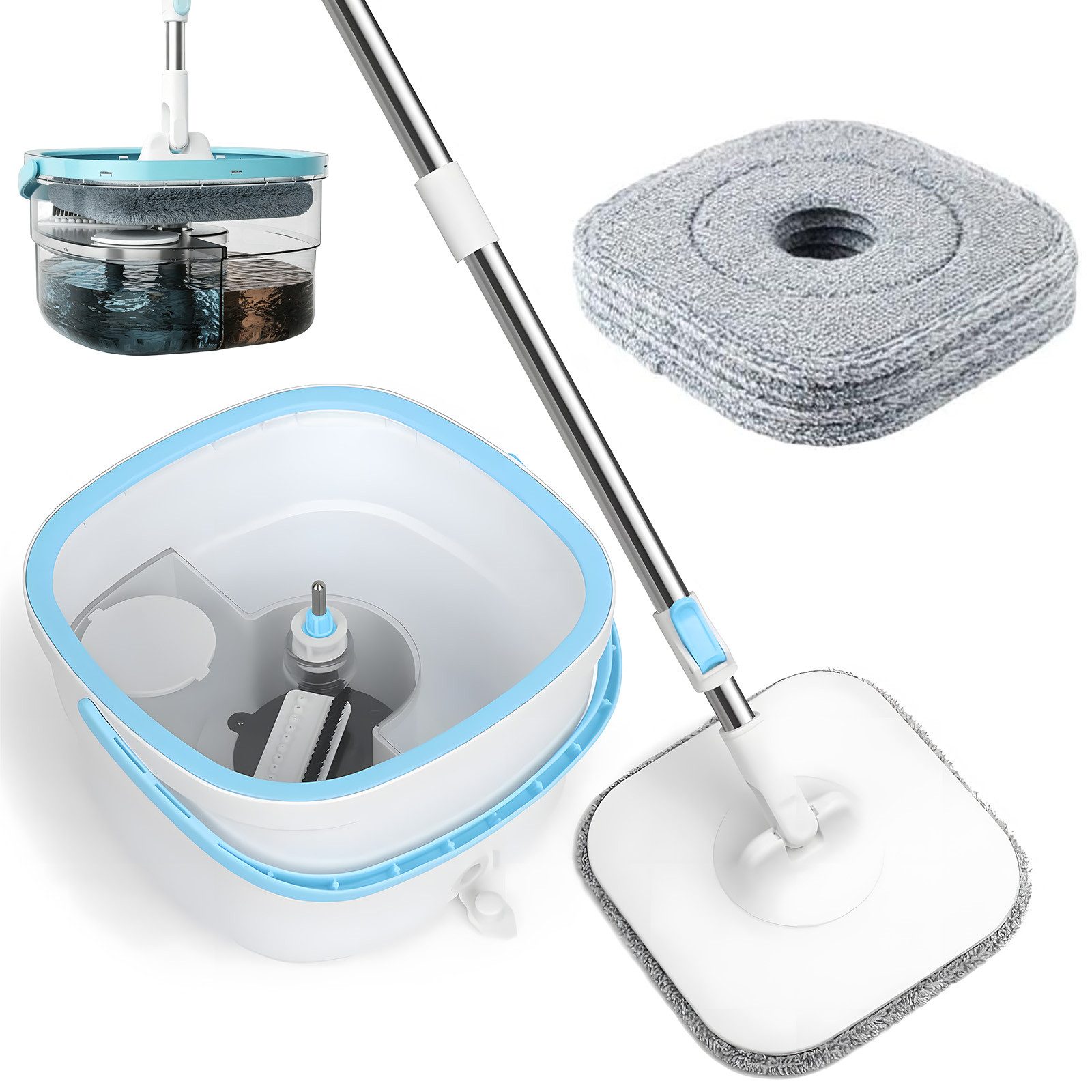 AKKEE Wischmopp-Set mit Eimer, 2-in-1 Filtersystem Trennt Schmutz von Frischwasser, mit 2 Mikrofaserbezug