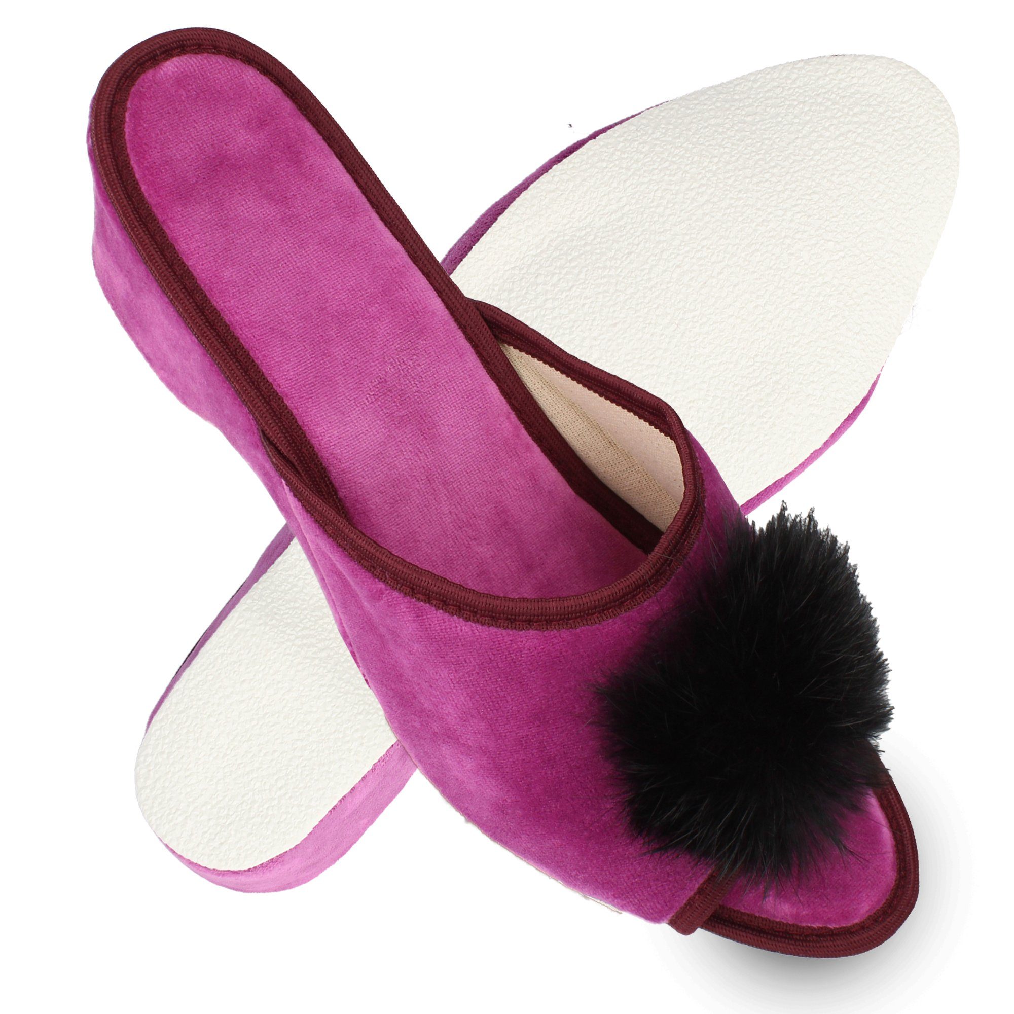 filsko Latina Elegante Samt Pantoffeln für Damen mit Puschel Hausschuh
