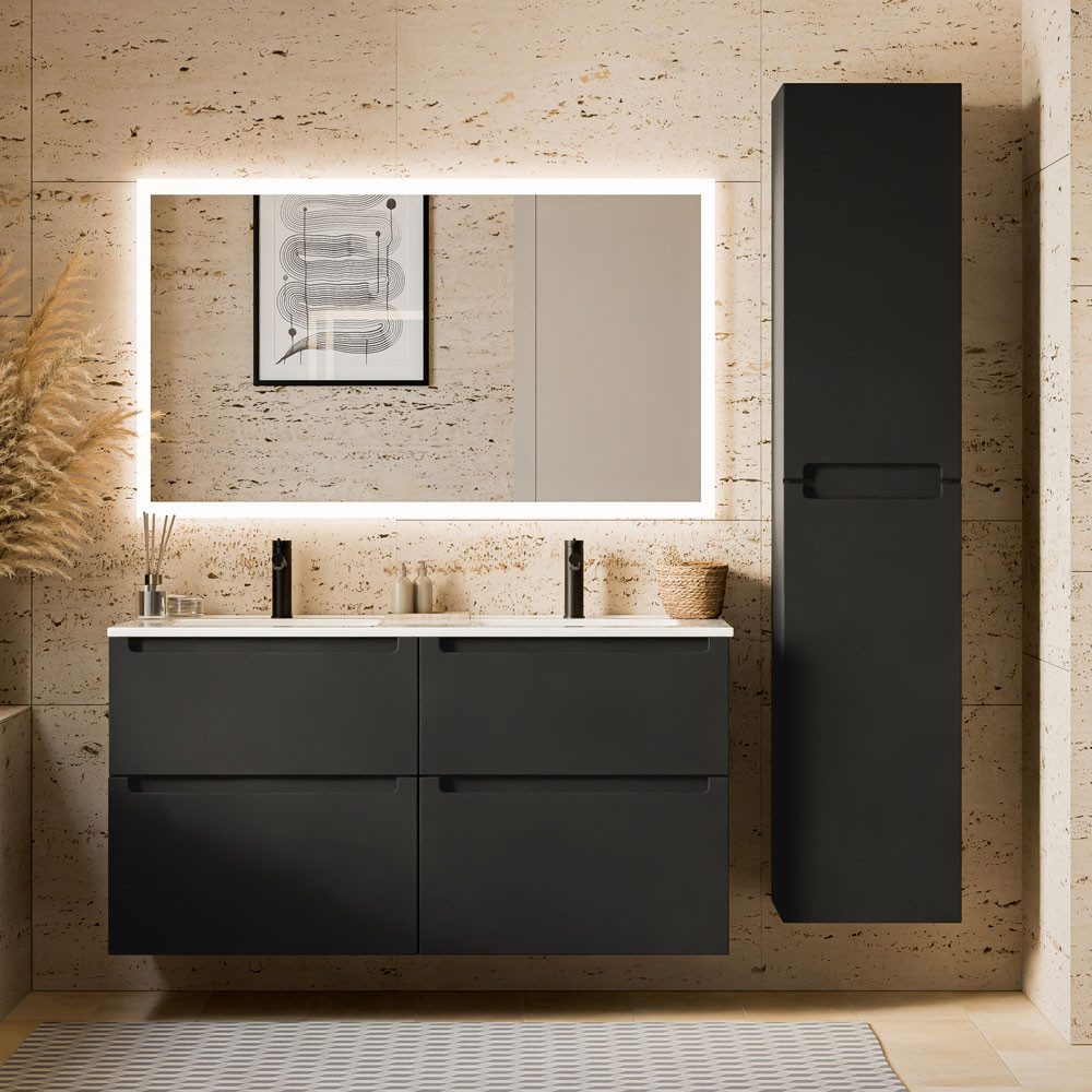 Bernstein Badmöbel-Set VIREO 120cm Schwarz matt Spiegel Eckig, Badmöbel Set 120cm Doppelwaschbecken Hochschrank LED-Spiegel