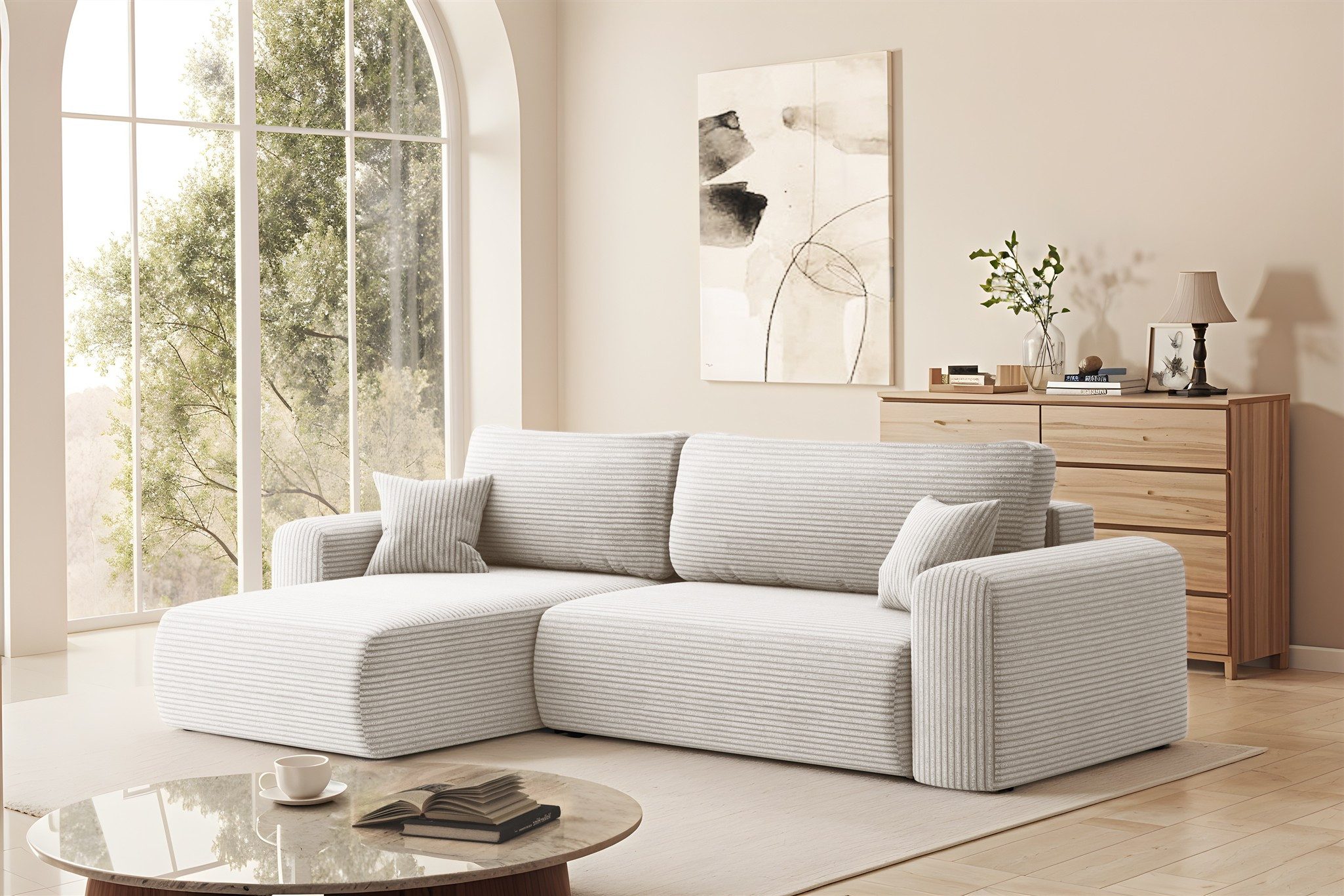 Fun Möbel Ecksofa Ecksofa Schlafsofa FUN TIERNO in Stoff, mit Bettkasten und 2 x Zierkissen, Ottomane Links oder Rechts