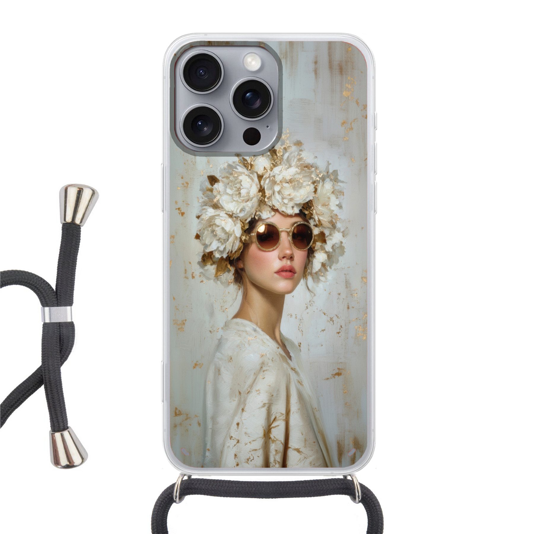 MuchoWow Handyhülle für Apple iPhone 16 Pro Max Gemälde - Frau - Sonnenbrille - Blumenkran, Tragbare Handyhüllen mit Kette zum umhängen, Handykette Handyband