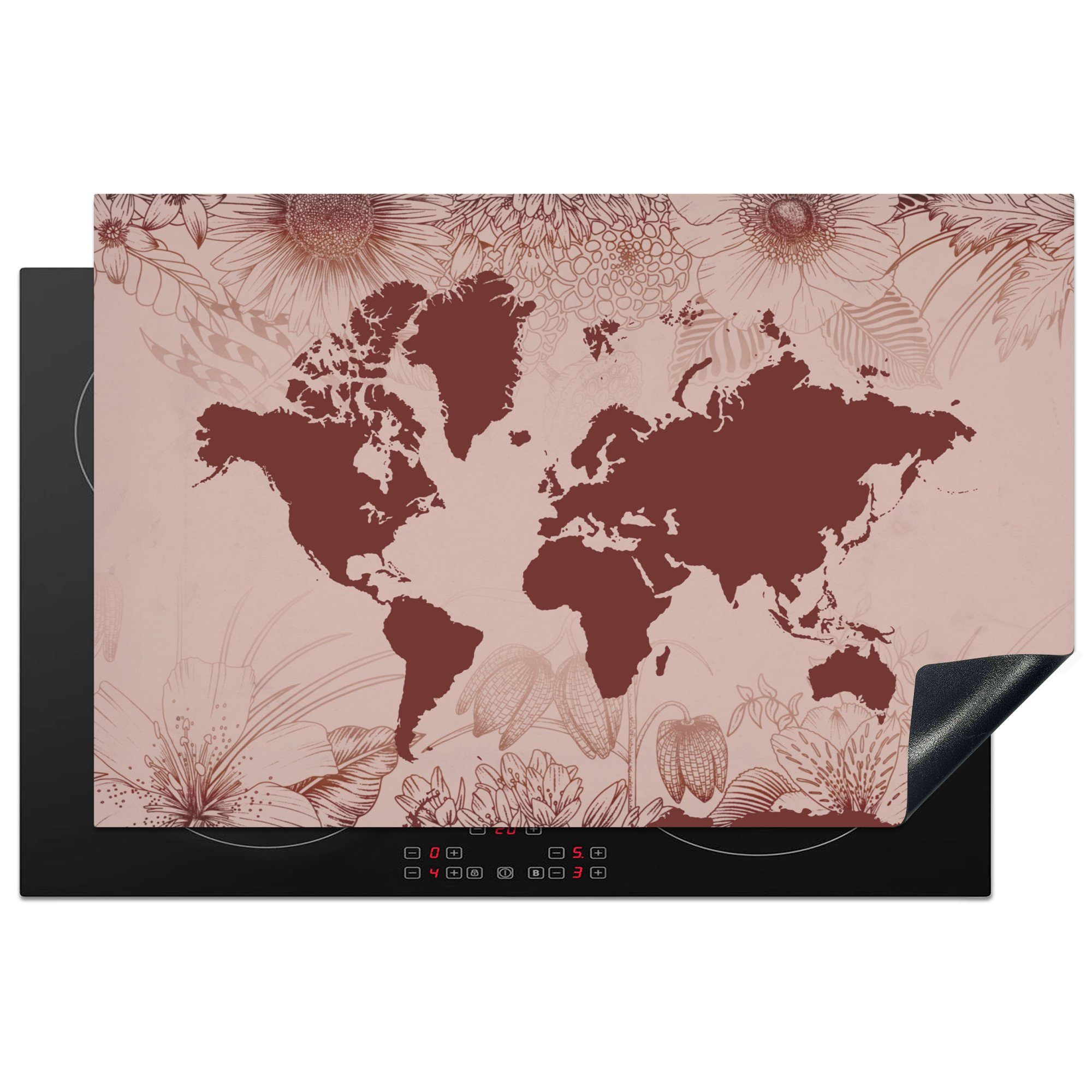 MuchoWow Herdblende-/Abdeckplatte Weltkarte - Blumen - Rot, Vinyl, (1 tlg), 81x52 cm, Induktionskochfeld Schutz für die küche, Ceranfeldabdeckung