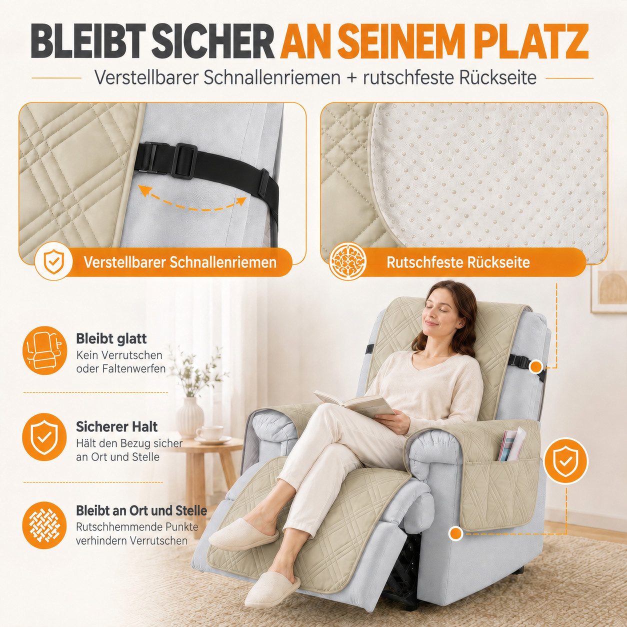 LEMLIT Sesselschoner Wasserdicht Sofabezug mit Seitentaschen,Anti-Slip 1 Sitzer, Sesselüberwurf Sessel überzug, Abnehmbar und Waschbar – Bild 5 von 5