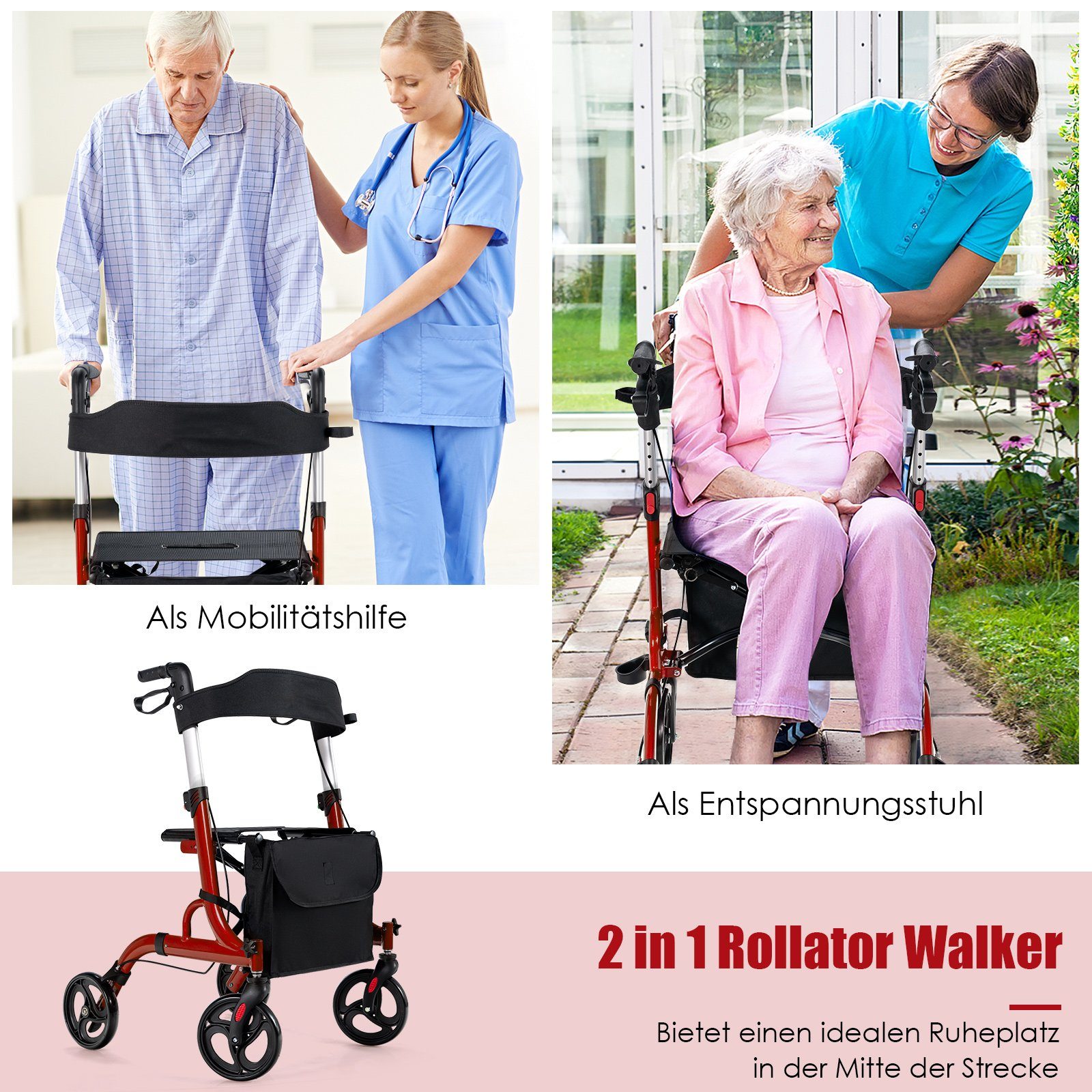 COSTWAY Rollator mit Sitz & höhenverstellbaren Griffen, bis 150kg, faltbar
