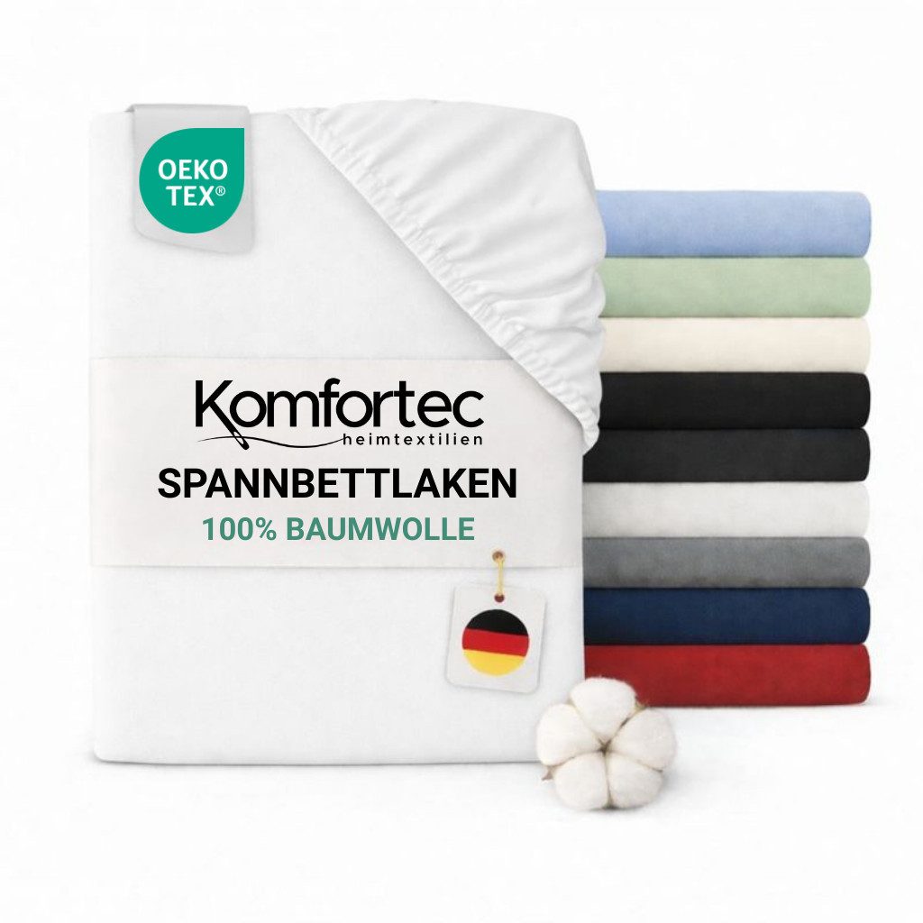Komfortec Spannbettlaken Jersey Spannbettuch, 90x200, 140x200, 160x200, 180x200 oder 200x200 cm, 100% Baumwolle (135 g/m), Gummizug: Rundum, (1 Stück), OEKO-TEX® Standard 100 Zertifisiert, für Matratzen bis 25 cm Höhe