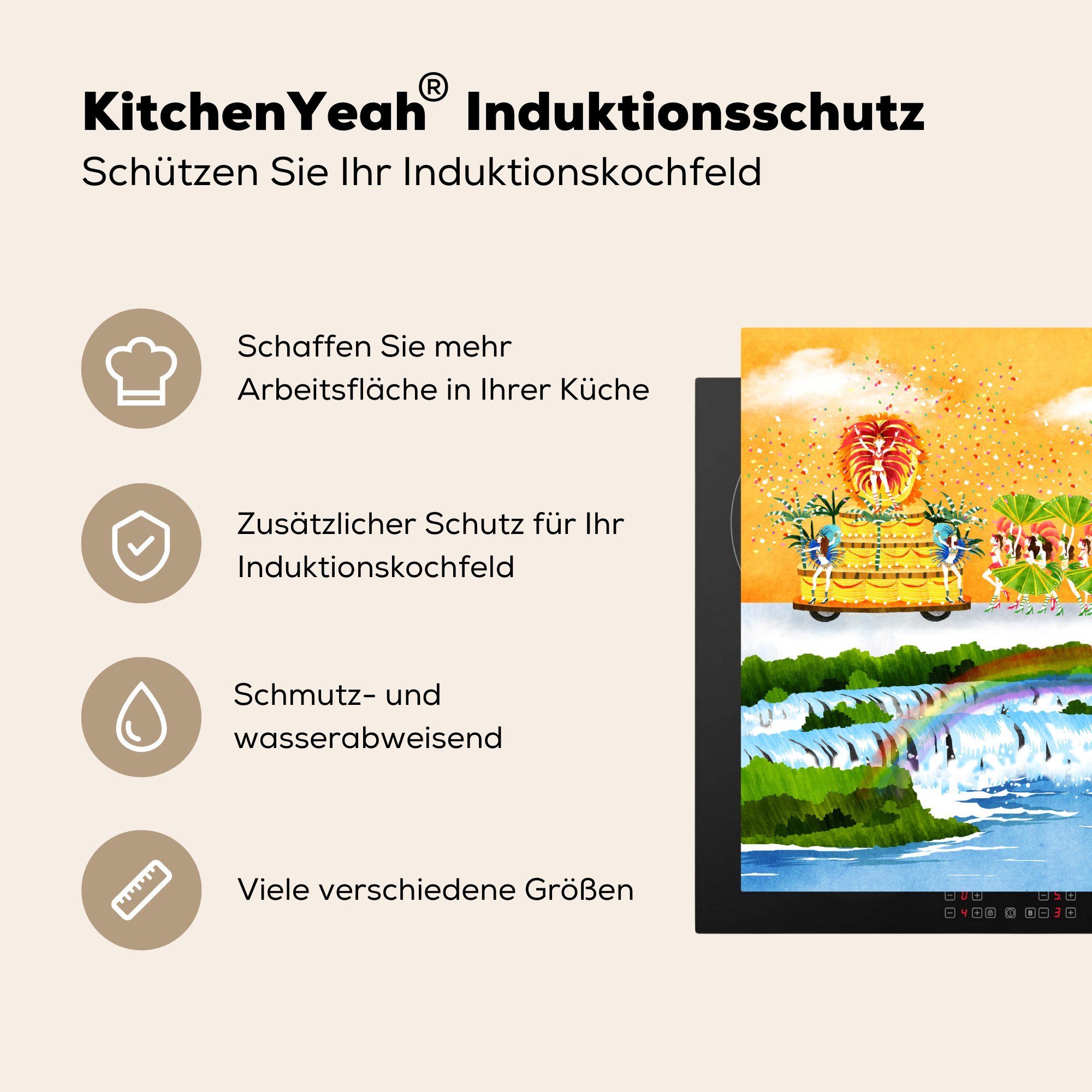 MuchoWow Vinyl, Arbeitsfläche Mobile Rio Ceranfeldabdeckung de Herdblende-/Abdeckplatte tlg), von Bunte cm, 70x52 nutzbar, (1 Janeiro, Illustration