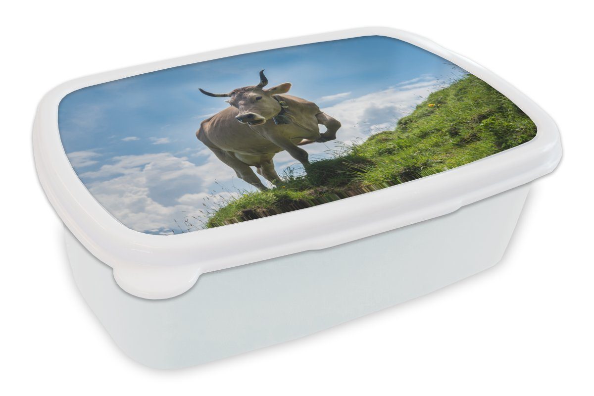 MuchoWow Lunchbox Kuh - Gras - Alpen, Kunststoff, (2-tlg), Brotbox für Kinder und Erwachsene, Brotdose, für Jungs und Mädchen weiß