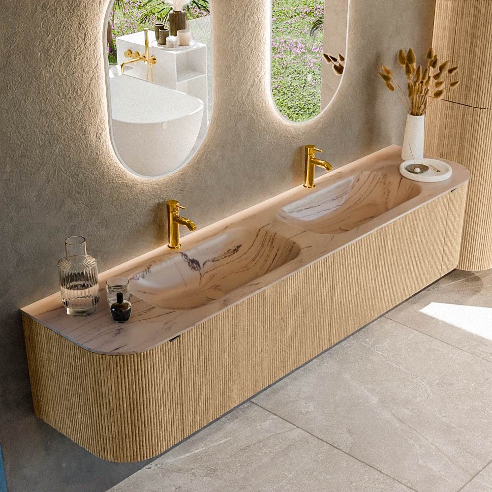 MONDIAZ Waschtisch set curve gerundet echtholz 200 cm Eiche KRVSTS200LR2L2D2KDOakAre (Set Serie Curve, Waschbecken Serie Stor Small, mit Lochbohrung)