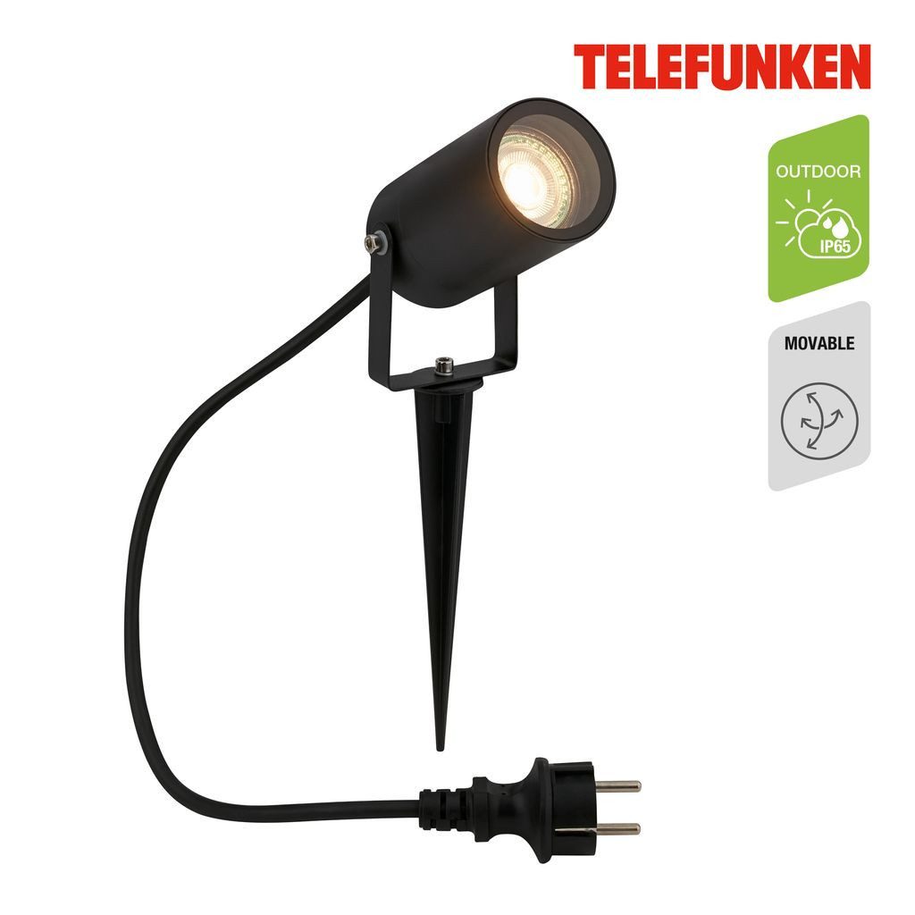 Telefunken Gartenstrahler 322405TF, ohne Leuchtmittel, 2700K - Extra-Warmweiß, LED Strahler Außen 33x6x7,5 cm Schwarz max.7W GU10 Wegleuchte Beet