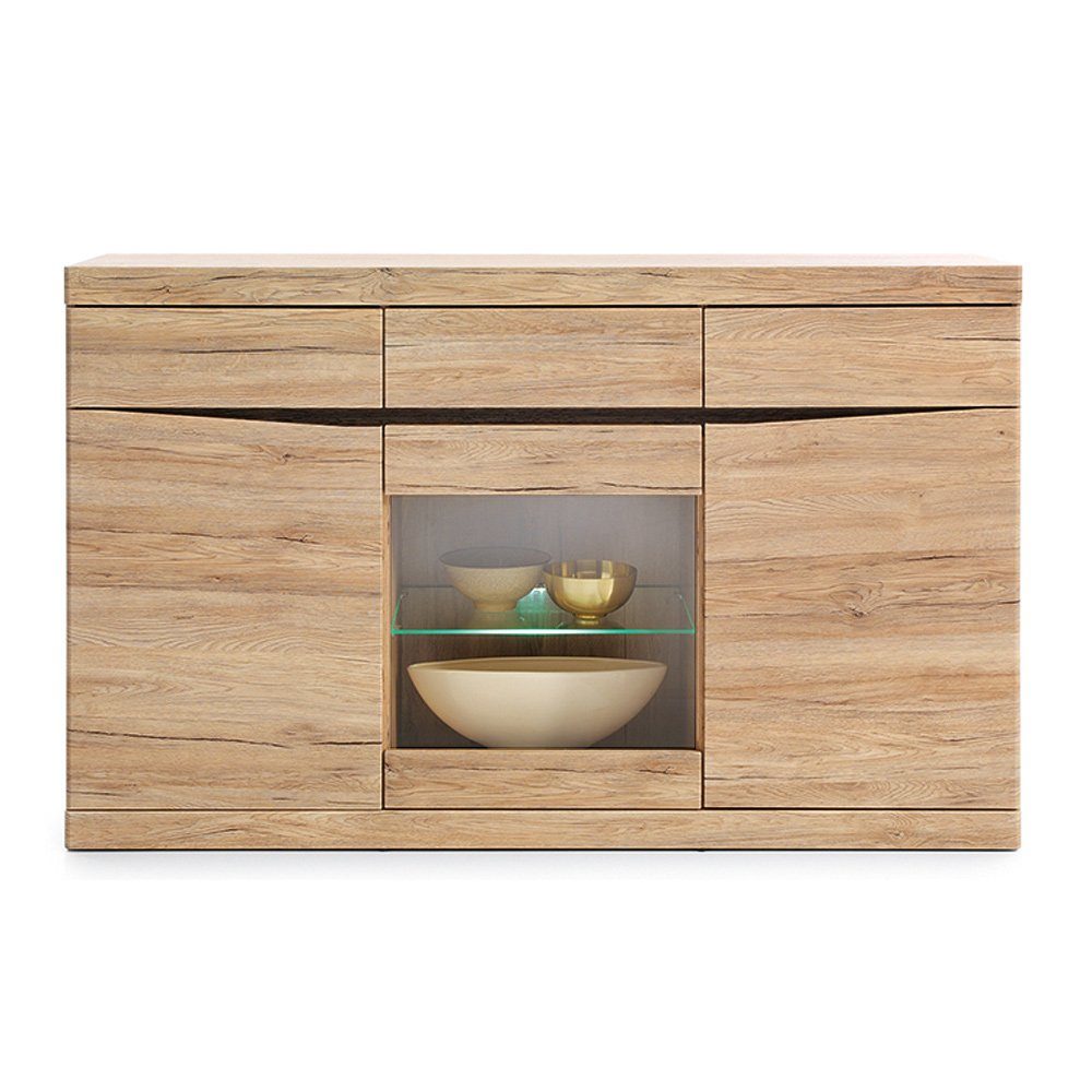 Lomadox Sideboard SANFORD-129, San Remo Eiche hell Nb., Glasbodenbeleuchtung, B/H/T: 150/92,5/40 cm