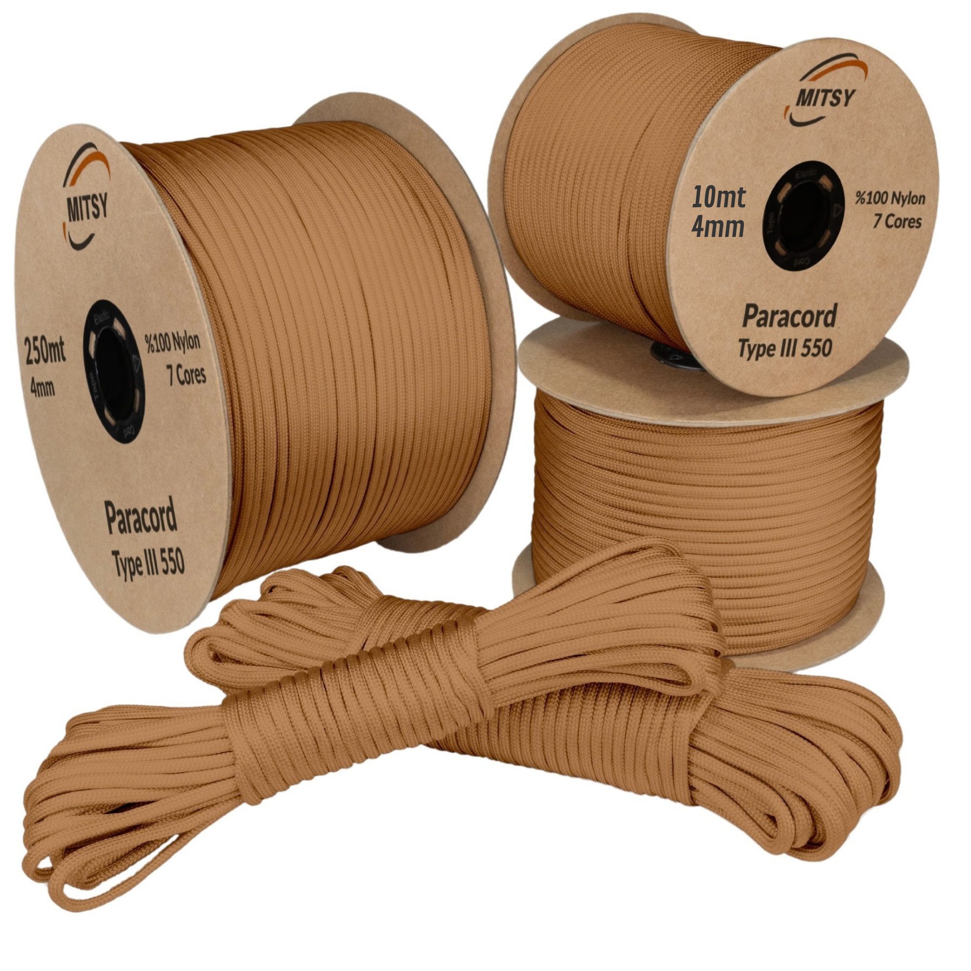 MITSY Seil 4mm Paracord 550 Typ III – Starkes Nylonseil für Outdoor & Survival (7-Kern Aufbau, Reißfest & Langlebig), Extra stark, 250 kg Belastbar, UV-beständig, für Camping & Hundeleinen