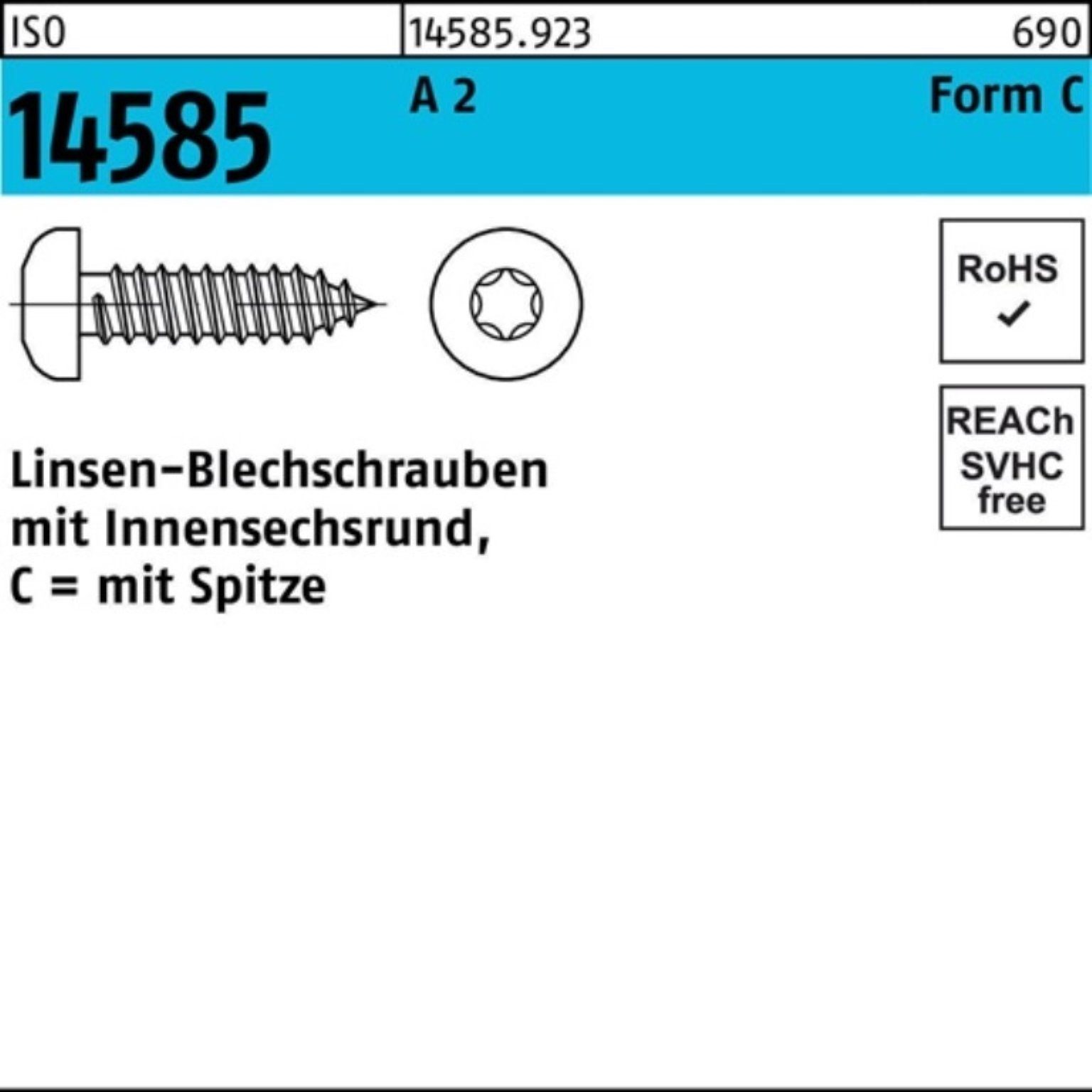 Reyher Blechschraube 1000er Pack Linsenblechschraube ISO 14585 ISR 4,2x 9,5 -C A 2 T20 1000