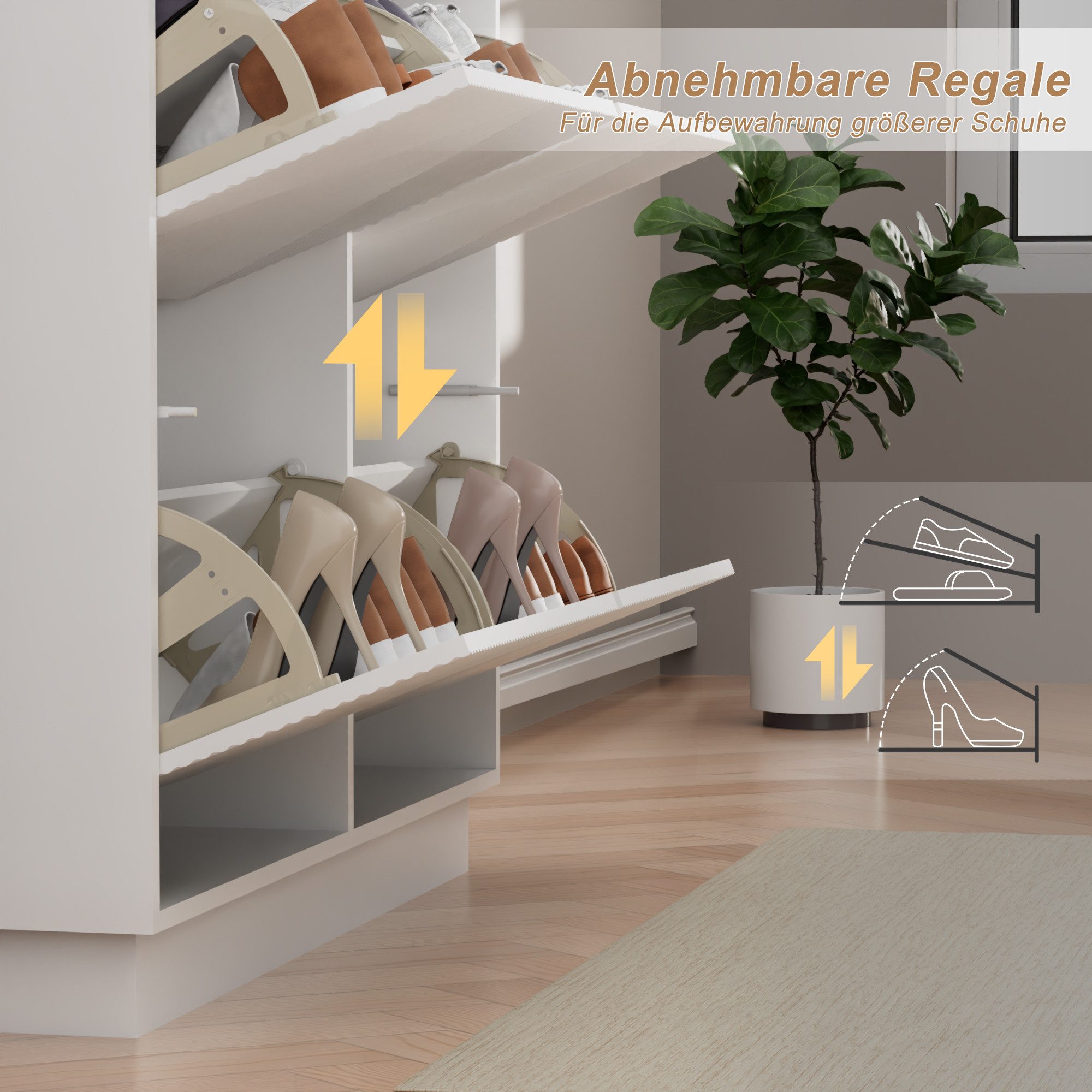 UEV Schuhschrank schmaler Schuhschrank mit 4 Klappen, Schukipper Schuhregal 100x24x91cm Schuhkommode mit Kippschutz & Drucktür & Verstellbarer Trennwände – Bild 4 von 5