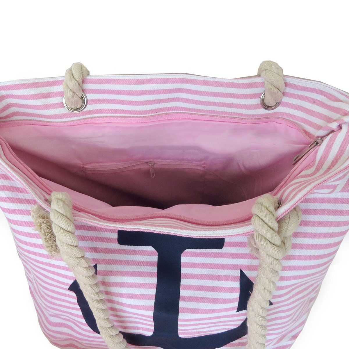 rosa-marine Ankerprint Reißverschluss Strandtasche Seilkordel maritim Sonia mit Umhängetasche Originelli
