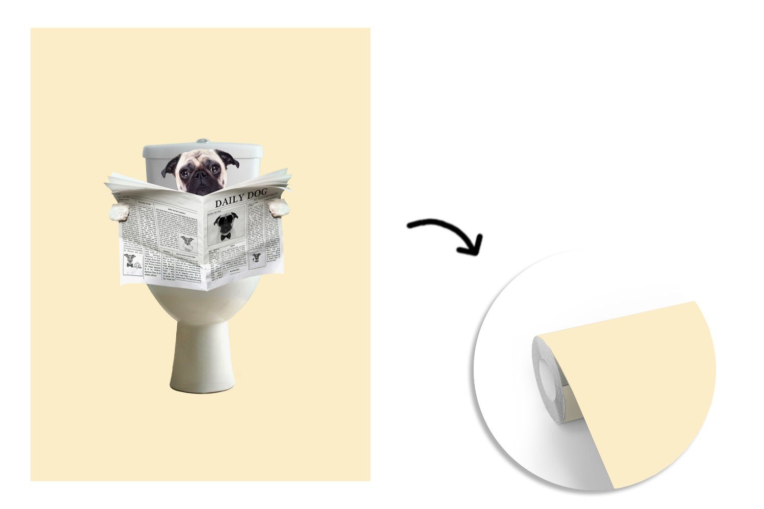 Matt, Wohnzimmer, Zeitung Montagefertig Mops Toilette Hund - Vinyl St), (4 - MuchoWow Fototapete Tier, Wandtapete - bedruckt, für Tapete -