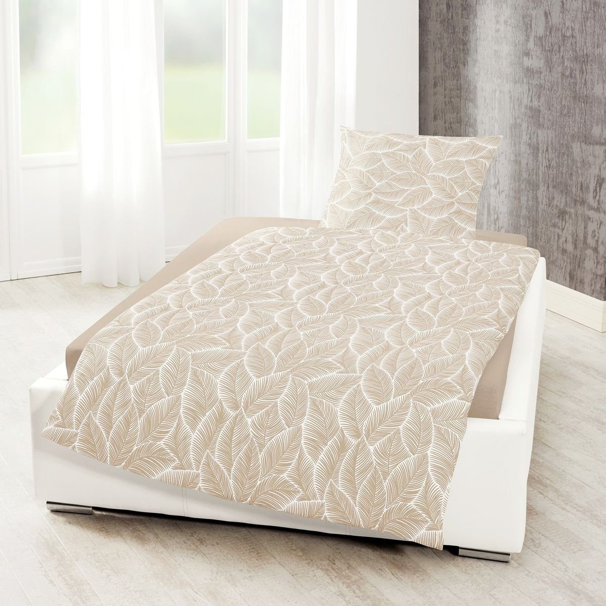 BIERBAUM Bettwäsche 135x200cm Blätter Blatt Taupe, Microfaser, 2 teilig, Kuschelig weich im modernen Blätter Design