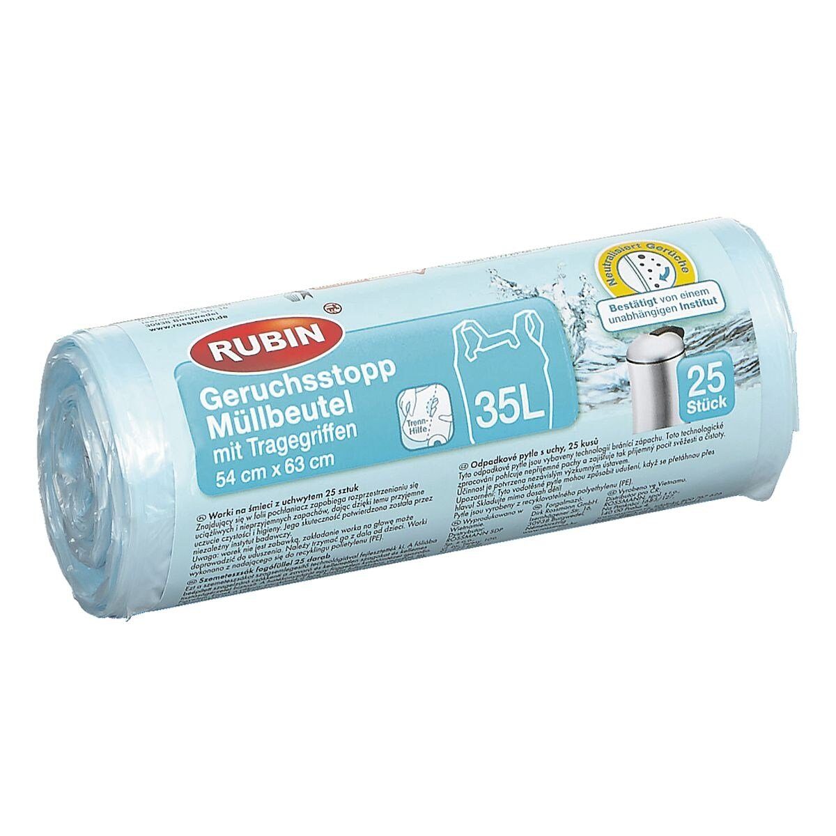 RUBIN Müllbeutel, 25 Stück/Rolle, mit Tragegriff, 35 Liter, blau-transparent