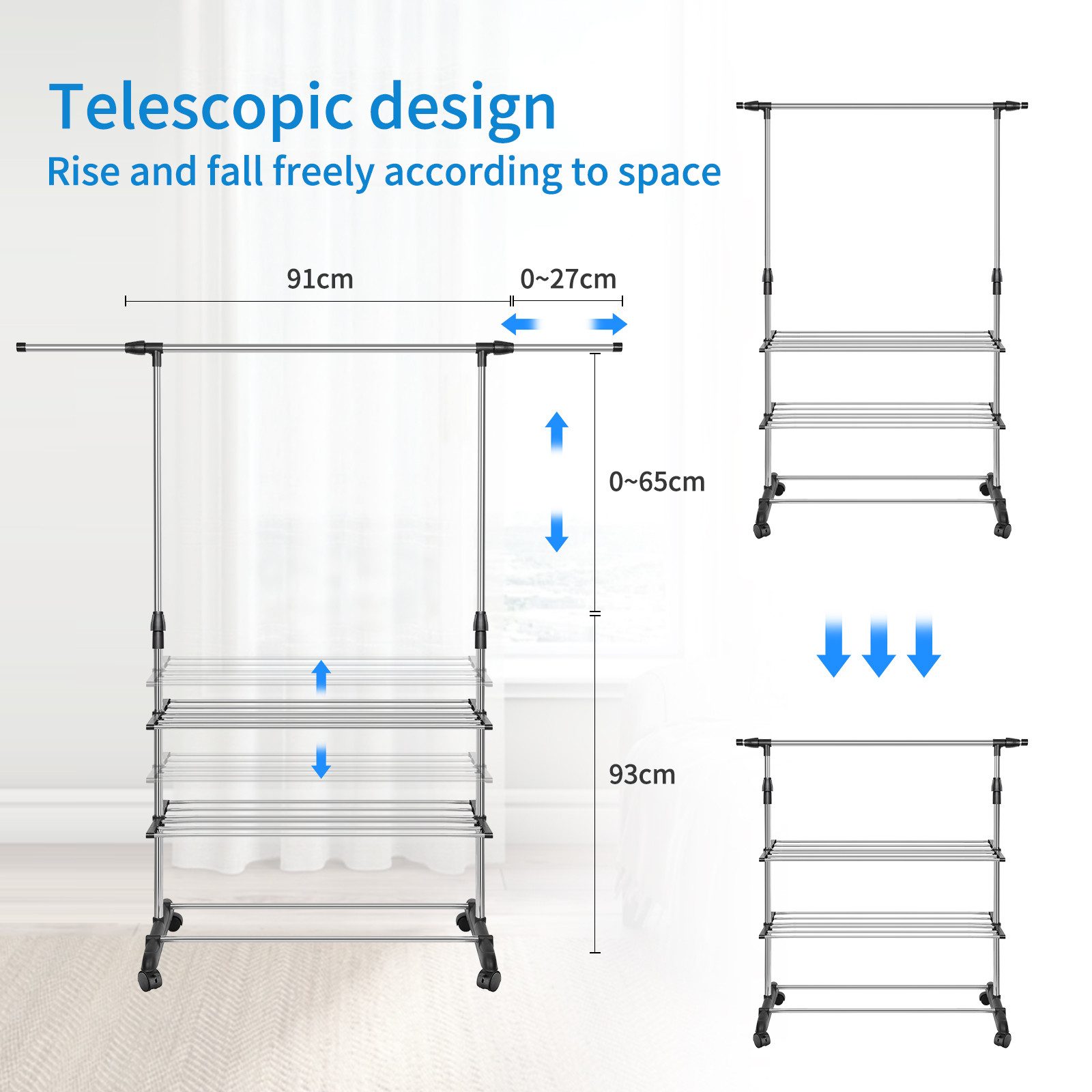 JEOBEST Kleiderständer Kleiderstange Stabil mit 3 Lagen Staufächer, Höhenverstellbar, Garderobenständer auf rollen 43x164x158cm