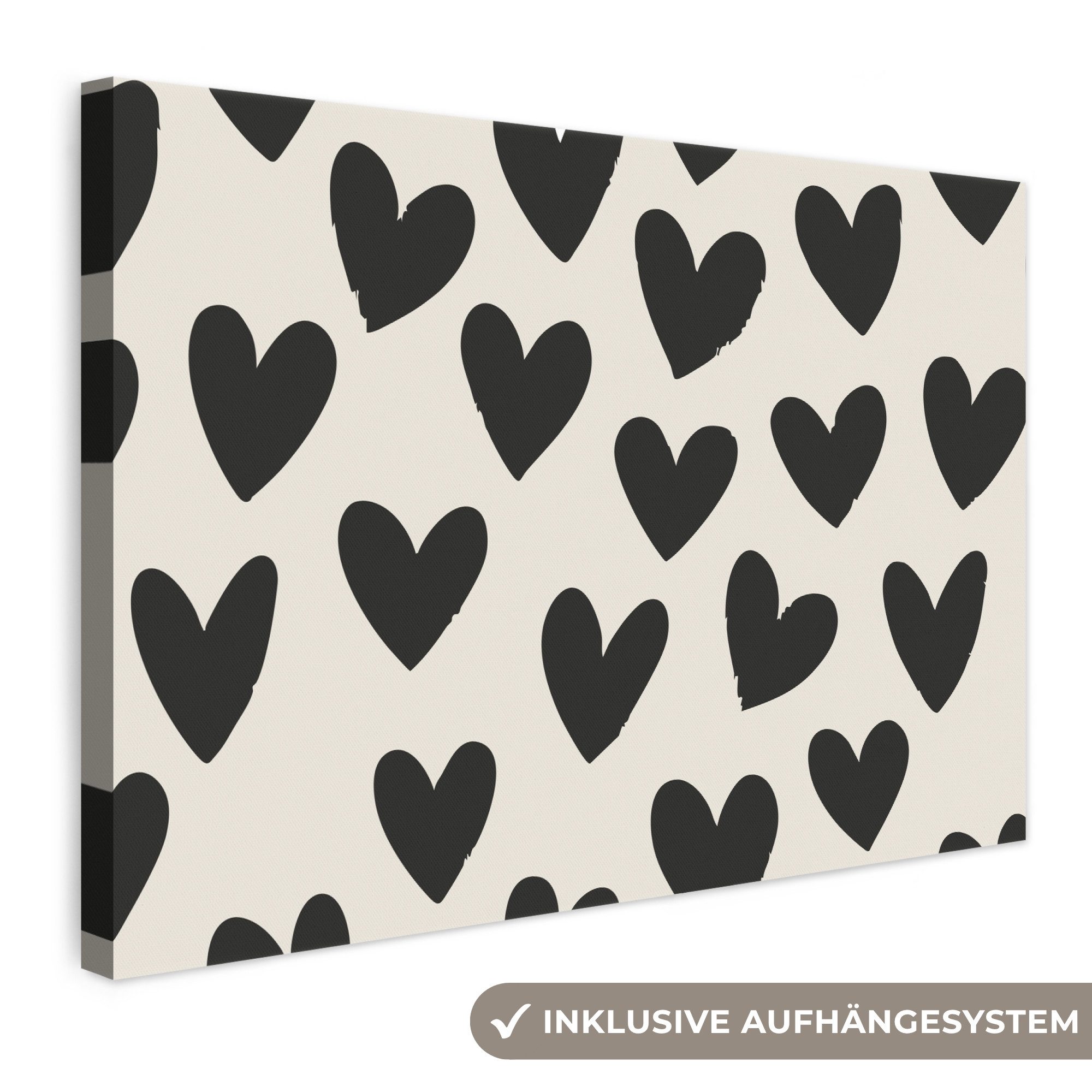OneMillionCanvasses® Leinwandbild Herzen - Schwarz - Beige, Fotodruck (1 St), Leinwand Bilder Klein, Wand Dekoration Aesthetic 30x20 cm