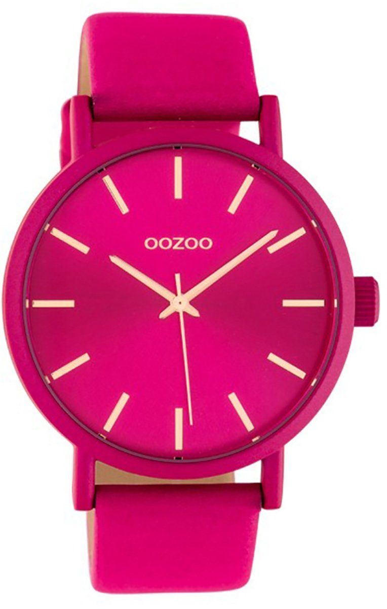 OOZOO Quarzuhr Oozoo Damen Armbanduhr fuchsia, Damenuhr rund, groß (ca.  42mm), Lederarmband violett, fuchsia, Fashion, rosegoldene Zeiger und  Indizes
