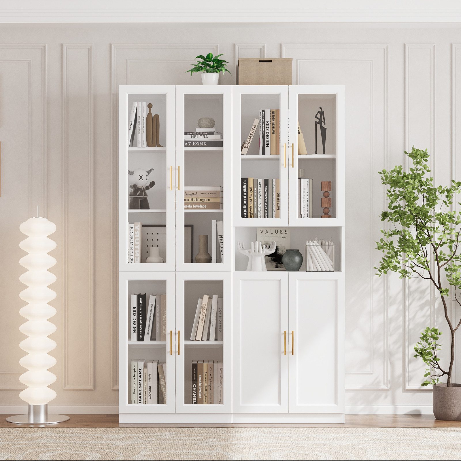 VOWNER Bücherregal mit Glastüren, 5-stöckiger Bücherschrank, verstellbarer Regalboden, 1-tlg., Aufbewahrungsvitrine für Home Office & Wohnzimmer (C+D)