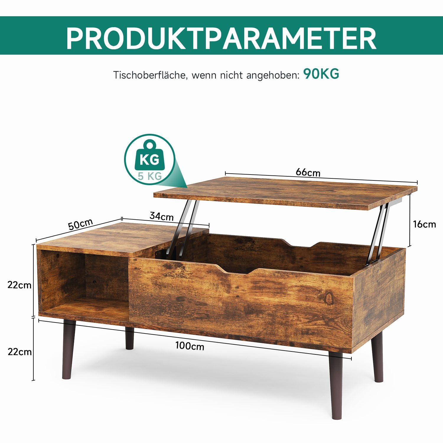 IDEASY Couchtisch Höhenverstellbarer Couchtisch,Hebefunktion und Versteckter Stauraum (Anhebbare Couchtische können in verschiedenen Freizeit-, Unterhaltungs- und Bürosituationen eingesetzt werden, Computertisch mit verstellbarer Schreibtischplatte), Rutschfester Computertisch, Wohnzimmertisch, Schreibtisch aus Holz