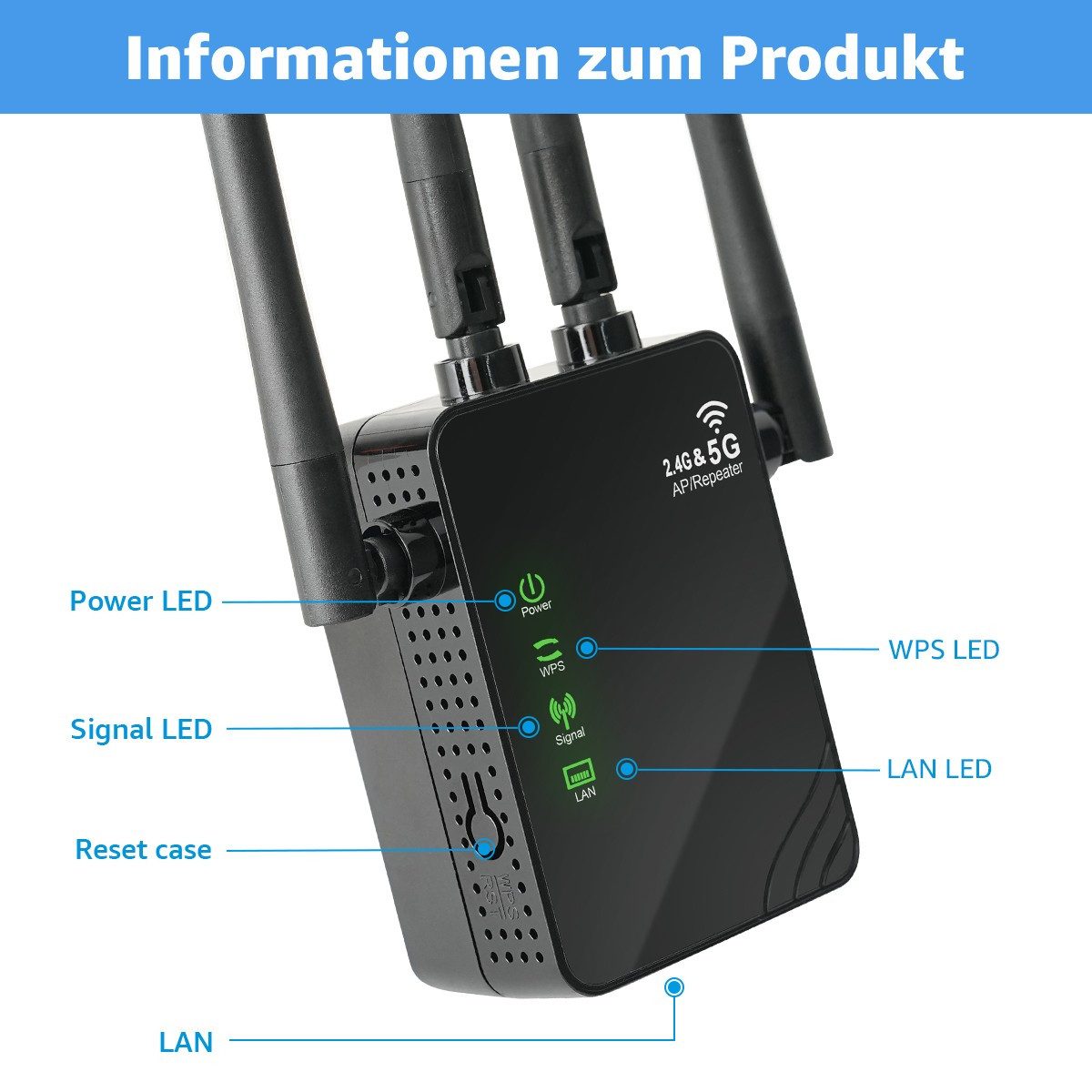 wohnTRAUM24 1200 MBit/s 5GHz WLAN Repeater Router Range WIFI Signal Verstärker WLAN-Repeater schwarz