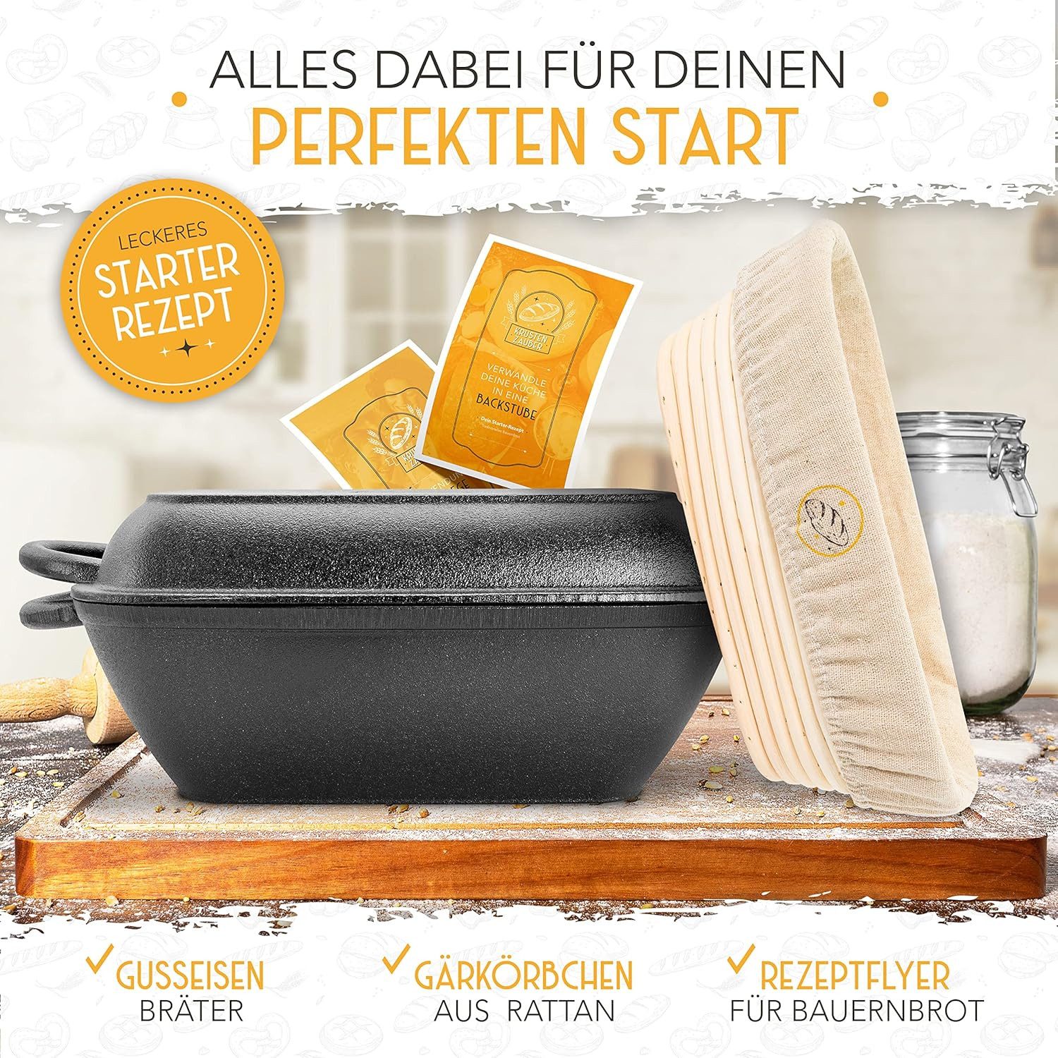 Krustenzauber Brotbackform 30cm Gusseisen Bräter mit Deckel backofengeeignet inkl. Gärkorb, (eckiger Topf Brot Backen - Ideal als Ofenform), Induktion, Brotbacktopf, Zubehör