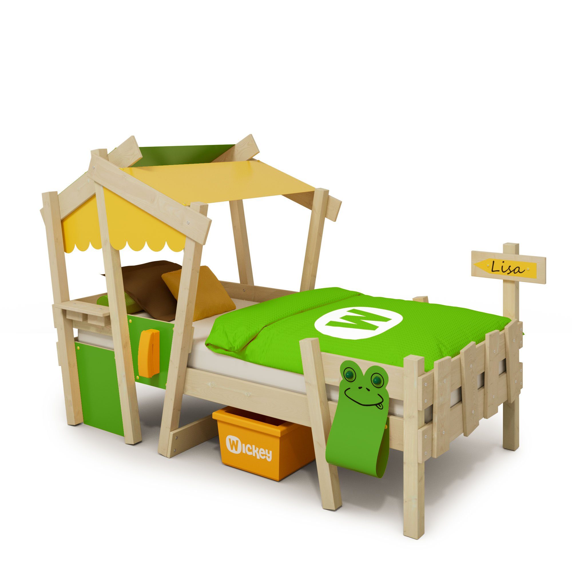 Wickey Kinderbett Crazy Candy - Holzbett, Spielbett 90 x 200 cm (Holzpaket aus Pfosten und Brettern, Spielbett für Kinder), Massivholzbett Gelb/Apfelgrün